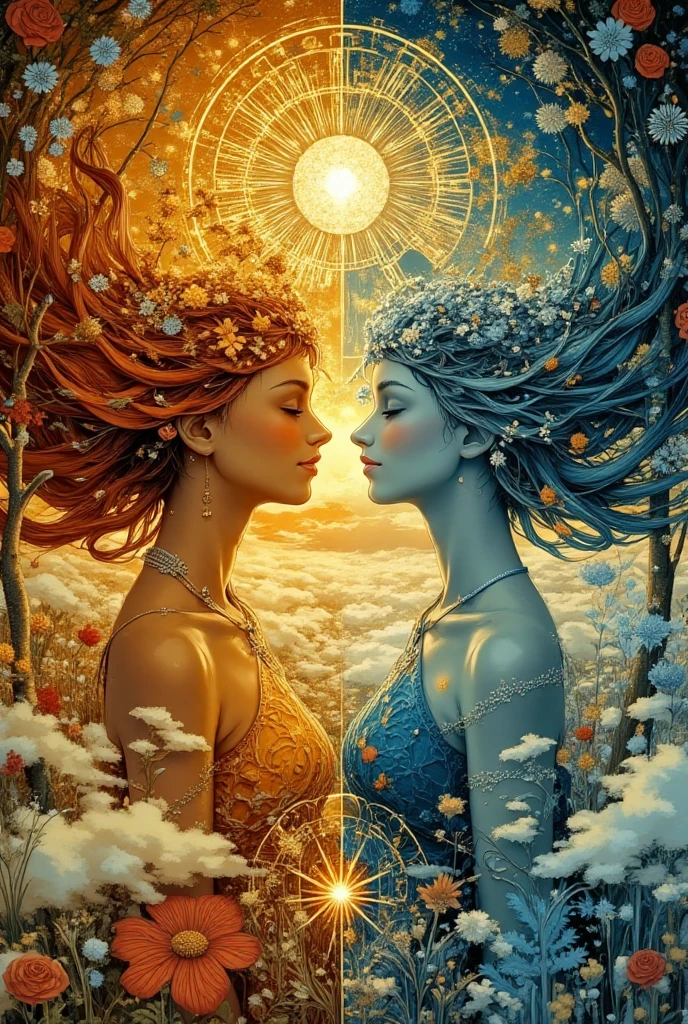 illustration of Summer and Winter Solstice meeting, ethereal Pre-Raphaelite painting, african american, summer: sun-blessed warmth, oak leaves and roses, red-gold flowing hair, dress like sunset clouds, winter: northern lights, snowflakes and icicles composition: golden solstice sun between them, sacred geometry patterns, summer meadow merging into snow-covered field, ritual fires and ice crystals, symbols, astronomical alignments, highly detailed, mystical atmosphere