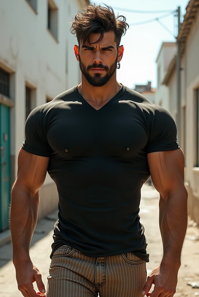 1boy, solo, facial hair, male focus, bulge, pectorals, bara, muscular, mature male, muscular male, abs, beard, nipples, short hair, navel, stomach, large pectorals, thick eyebrows, bare pectorals, dark-skinned male, business suit and tie clothing, erection, thighs, erection under clothes, white shirt, dark skin, open clothes, black bodysuit, pectoral cleavage, cowboy shot, feet out of frame, thick thighs, looking at viewer, business costume, masterpiece, 4k, high quality, highres, absurdres,