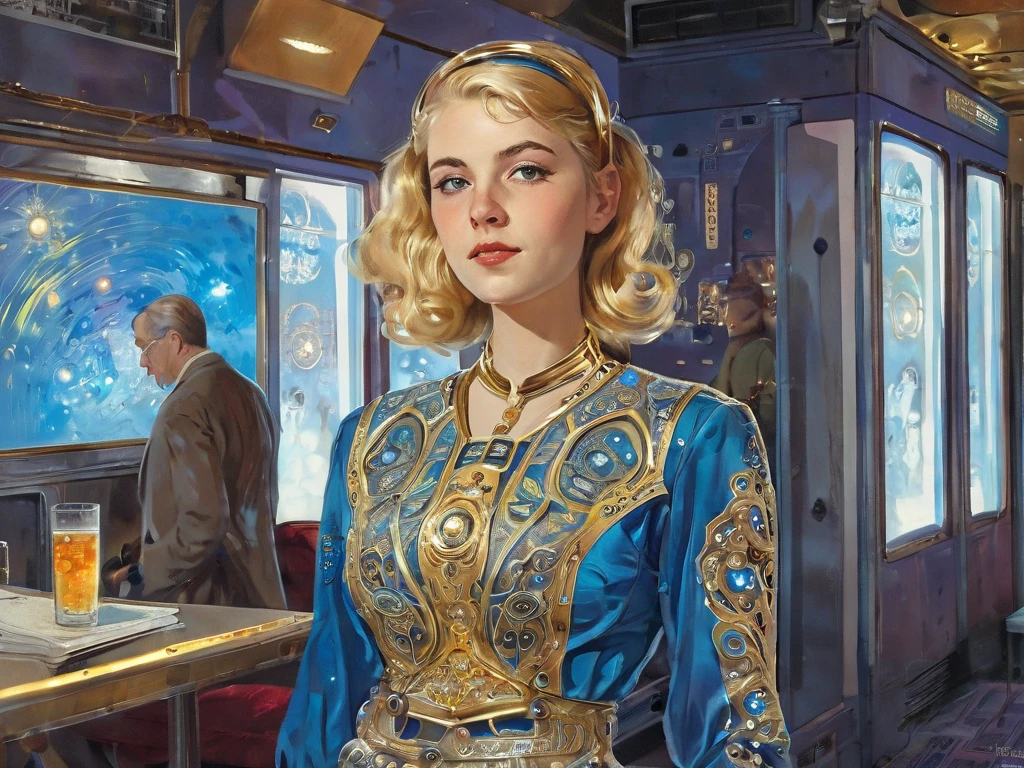 A beautiful and aristocratic 20-year-old blonde Swedish woman striding confidently into a dingy spaceport bar. She has a robot beside her reading a holographic display that shows statistics. She is wearing a blue silk tunic with gold filigree in intricate patterns that show floral prints and stars. The robot is likewise ornate, with a gleaming silver chassis and gold filigree. They stand out from the filthy bar and its rough-and-tumble patrons, who all stop what they're doing and look to the door. Pulp science fiction style, watercolor, raypunk, cyberpunk, by Norman Saunders, by Chris Foss , (clear lines:1), by Simon Stålenhag, by Virgil Finlay, by H.R. Geiger, face restoration. (simple background :1.5) crisp vibrant detailed soft painterly digital art, volumetric lighting, natural lighting, realistic lighting, vibrant colors, crisp oil painting, painterly realism, depth of field, subtle soft details, vivid, fresh, striking, by darkgem, by anhes, by dagasi, by atey ghailan, by MilletGustave, by Curbet, by Charlie Bowater, lol art. vintage pulp art, by Earle K. Bergey, by Kelly Freas, by Alex Schomburg, by H. J. Ward, glossy pulp art, Amazing Stories, Weird Tales, 8k, high resolution, best quality 