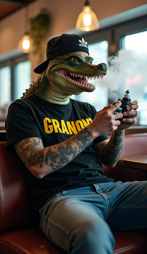 2d illustration, retro cartoon animation, ultra-detailed background, thick outlines, stoned lizard-man, stoner, dinosaur skin, pot-leaf bandana, tie-dye shirt, pink bloodshot eyes, dumb smile, surprised, 1980s reptilian humanoid