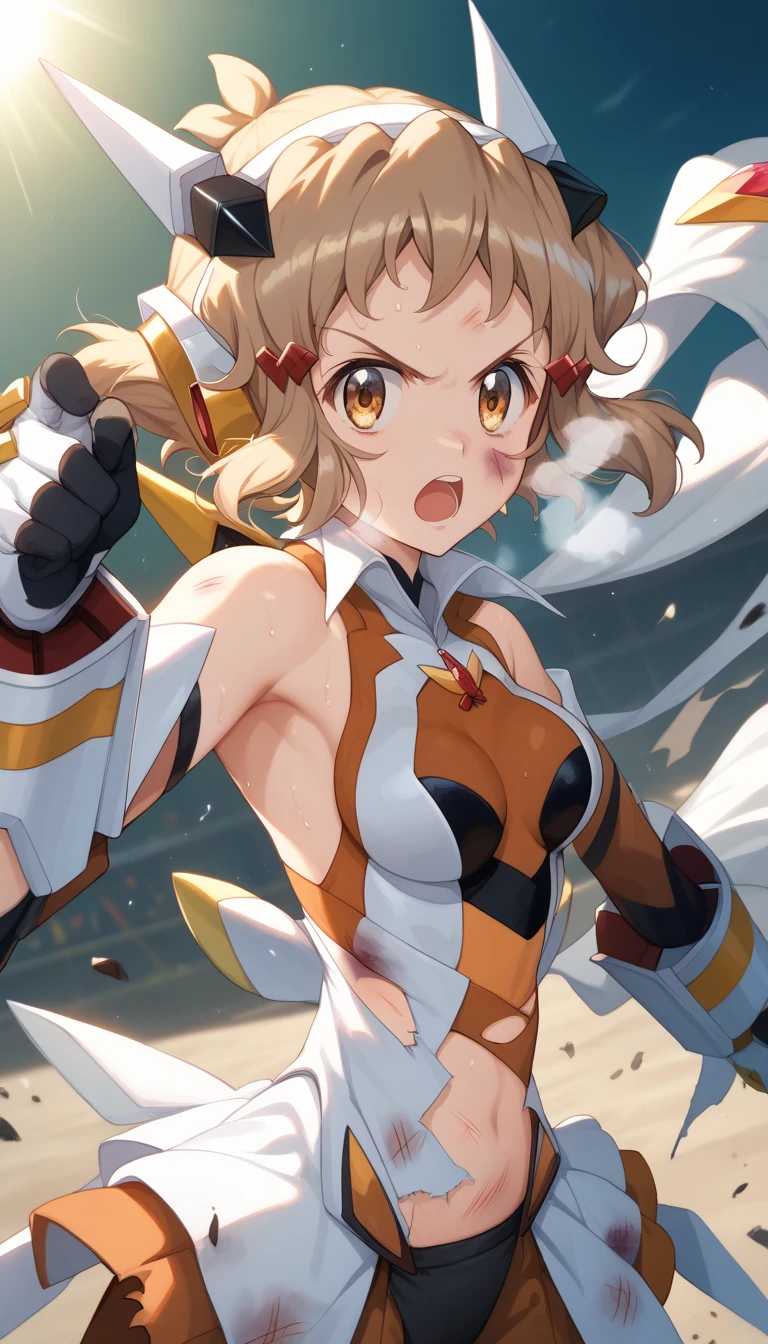  top quality ,  soft light during the cruise,  super high res,  cute, Beautiful face in every detail , high resolution details of human skin texture, shiny skin,sweat,Heat, white breath ,Take a deep breath,Hibiki Tachibana,Brown Hair,, battle costume,Outdoor Arena,sunlight, serious eyes,Ready,Big eyes, Symphogear ,armed gear , open mouth ,Fighting pose,bruised body, has a weapon , hair ornament, torn clothes ,Short Hair