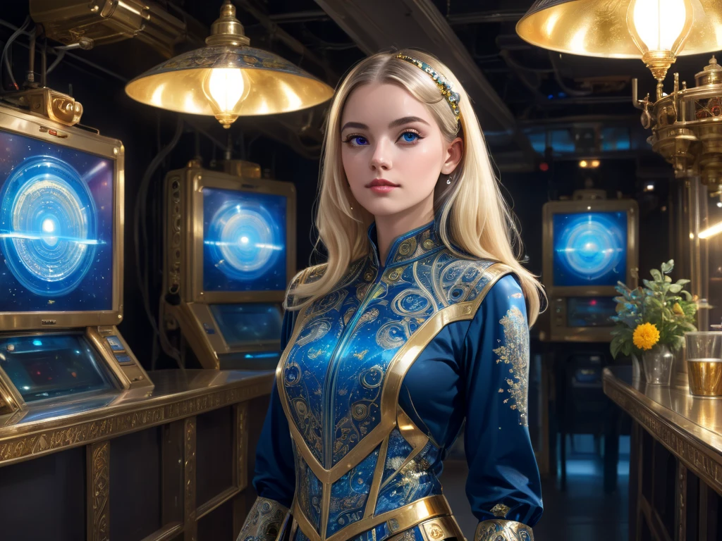 A beautiful and aristocratic 20-year-old blonde Swedish woman striding confidently into a dingy spaceport bar. She has a robot beside her reading a holographic display that shows statistics. She is wearing a blue silk tunic with gold filigree in intricate patterns that show floral prints and stars. The robot is likewise ornate, with a gleaming silver chassis and gold filigree. They stand out from the filthy bar and its rough-and-tumble patrons, who all stop what they're doing and look to the door. Pulp science fiction style, watercolor, raypunk, cyberpunk, by Norman Saunders, by Chris Foss , (clear lines:1), by Simon Stålenhag, by Virgil Finlay, by H.R. Geiger, face restoration. (simple background :1.5) crisp vibrant detailed soft painterly digital art, volumetric lighting, natural lighting, realistic lighting, vibrant colors, crisp oil painting, painterly realism, depth of field, subtle soft details, vivid, fresh, striking, by darkgem, by anhes, by dagasi, by atey ghailan, by MilletGustave, by Curbet, by Charlie Bowater, lol art. vintage pulp art, by Earle K. Bergey, by Kelly Freas, by Alex Schomburg, by H. J. Ward, glossy pulp art, Amazing Stories, Weird Tales, 8k, high resolution, best quality 