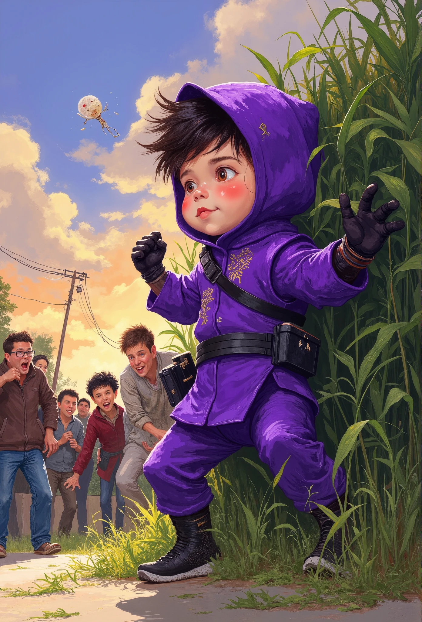  small mascot character artwork ,  boy in purple ninja cosplay, Clumsy character ,  ninja trying to hide in ninjutsu and failing,  trying to hide behind tall grass ,  Ninjas are excited and can't hide their breath , Passers-by find out my identity and I'm surprised, Passers-by flying when they see a ninja , Vacant lot in a residential area ,  there are many passers-by for one ninja ,  it's about time of nightfall 。