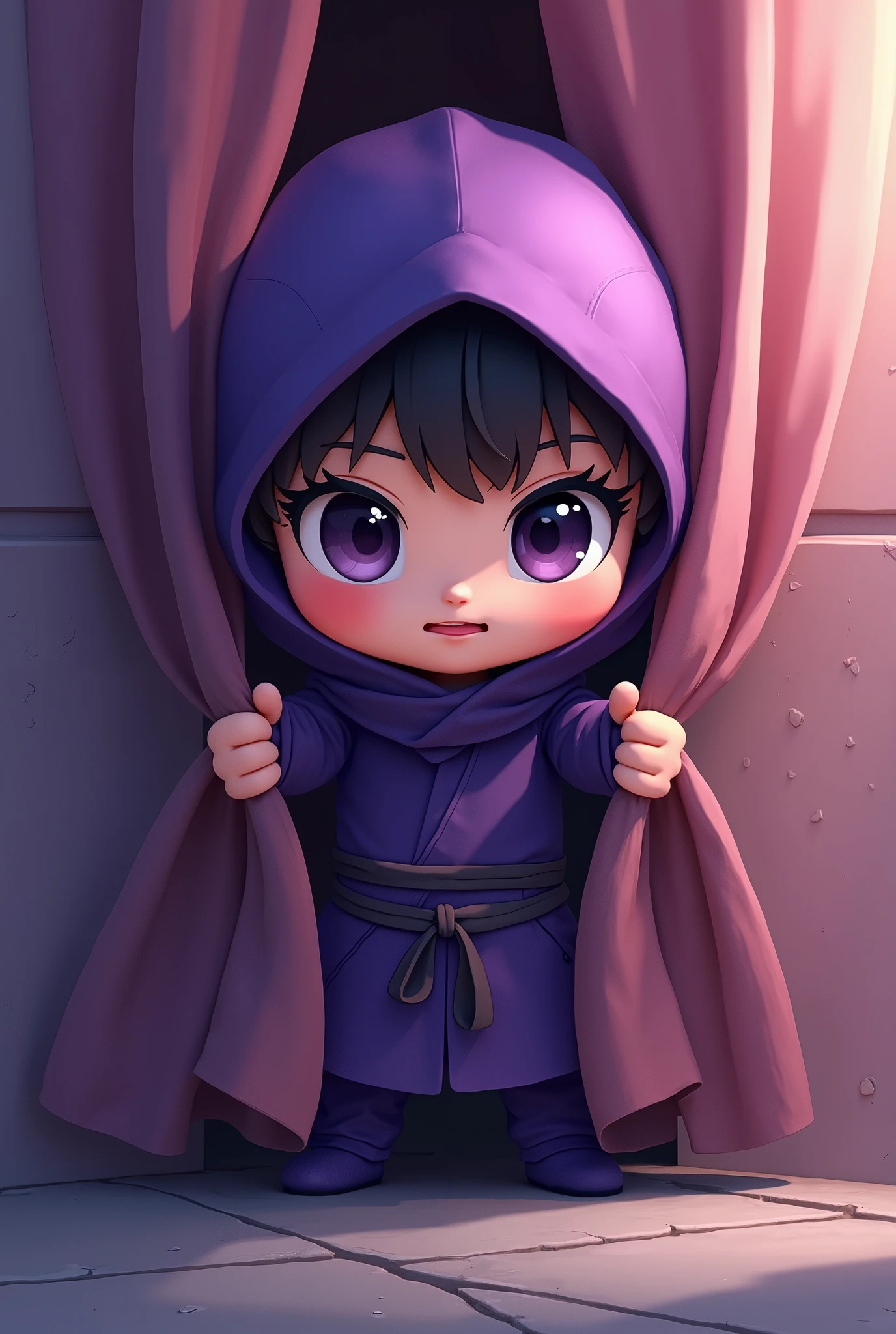 cute chibi ninja boy in a purple ninja costume, trying to hide using ninja techniques but failing, standing with his back to the wall and holding a curtain with the same pattern as the wall in front of his body, the ninja is excited and unable to hide his breathing, passersby are surprised and run away after seeing the ninja

(best quality,4k,8k,highres,masterpiece:1.2),ultra-detailed,(realistic,photorealistic,photo-realistic:1.37),extremely detailed eyes and face,longeyelashes,beautiful detailed eyes,beautiful detailed lips,cute,chibi,mischievous,energetic,purple ninja costume,wall,curtain with same pattern as wall,ninja hiding technique failed,passersby startled and running away,colorful,dynamic,vibrant colors,dramatic lighting,cinematic composition