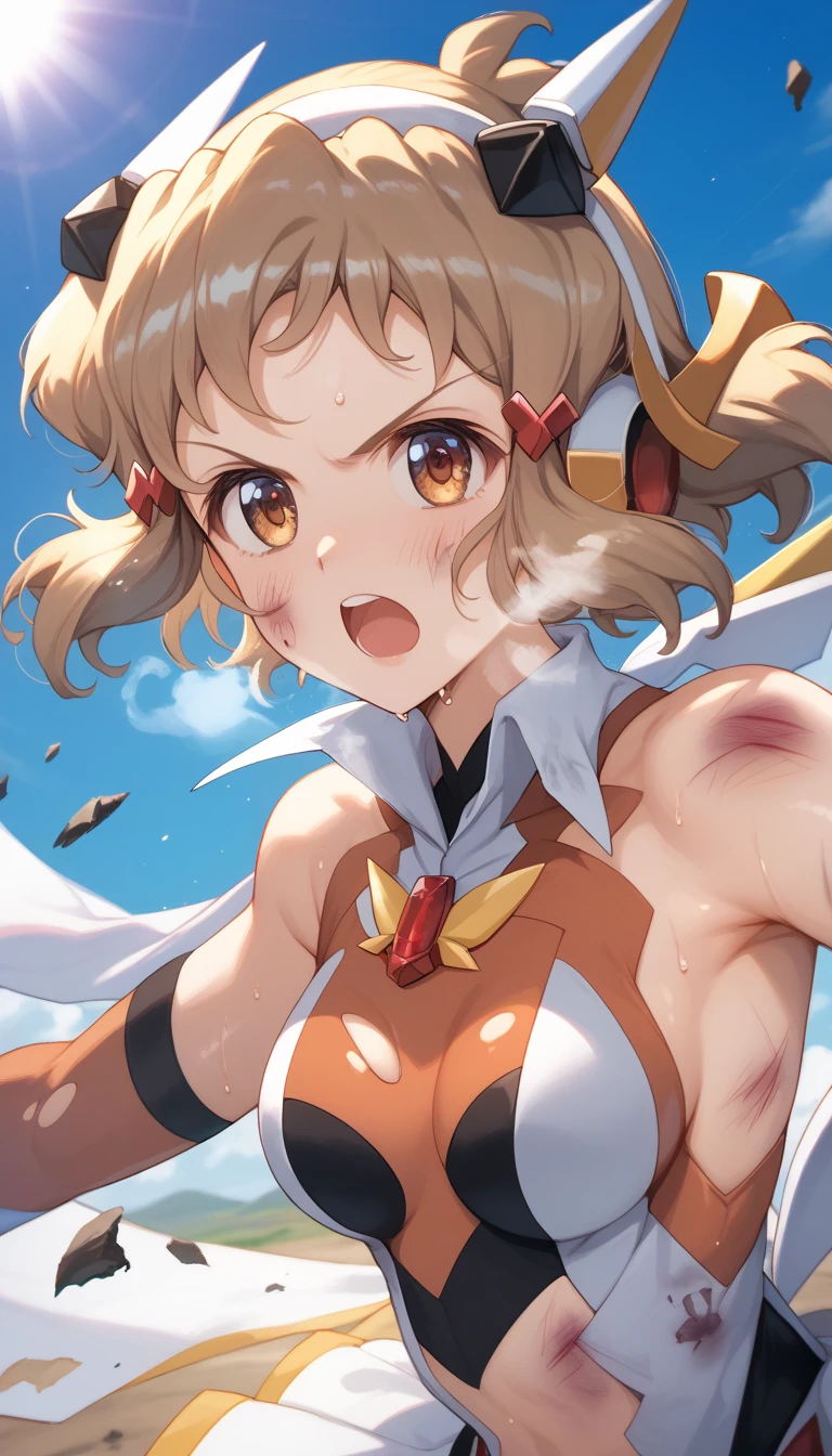  top quality ,  soft light during the cruise,  super high res,  cute, Beautiful face in every detail , high resolution details of human skin texture, shiny skin,sweat,Heat, white breath ,Take a deep breath,Hibiki Tachibana,Brown Hair,, battle costume,Outdoor Arena,sunlight, serious eyes,Ready,Big eyes, Symphogear ,armed gear , open mouth ,Fighting pose,bruised body, has a weapon , hair ornament, torn clothes ,Short Hair