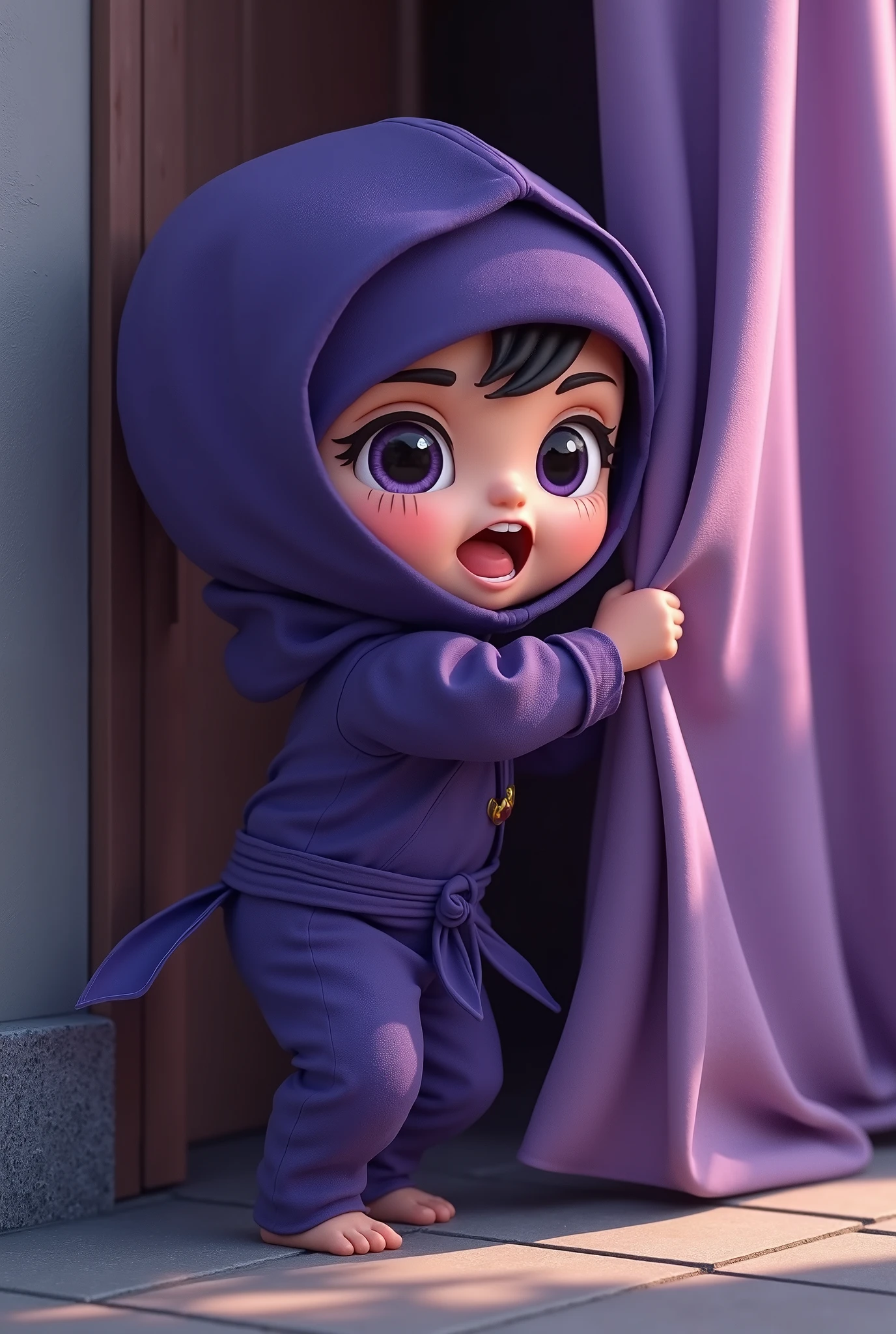 cute chibi ninja boy in a purple ninja costume, trying to hide using ninja techniques but failing, standing with his back to the wall and holding a curtain with the same pattern as the wall in front of his body, the ninja is excited and unable to hide his breathing, passersby are surprised and run away after seeing the ninja

(best quality,4k,8k,highres,masterpiece:1.2),ultra-detailed,(realistic,photorealistic,photo-realistic:1.37),extremely detailed eyes and face,longeyelashes,beautiful detailed eyes,beautiful detailed lips,cute,chibi,mischievous,energetic,purple ninja costume,wall,curtain with same pattern as wall,ninja hiding technique failed,passersby startled and running away,colorful,dynamic,vibrant colors,dramatic lighting,cinematic composition