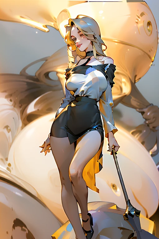 (Masterpiece, plain background:1.2) white short bob hair and skin, purple eyes, thin legs, thin body, leather corset and leather collar choker with golden neck bell, shackles wristbands bracers bracelets sleeves, bikini maid outfit, 1MILFWOMAN BIMBO full body standing symmetrical with both hands on hips, wide hips, view from below