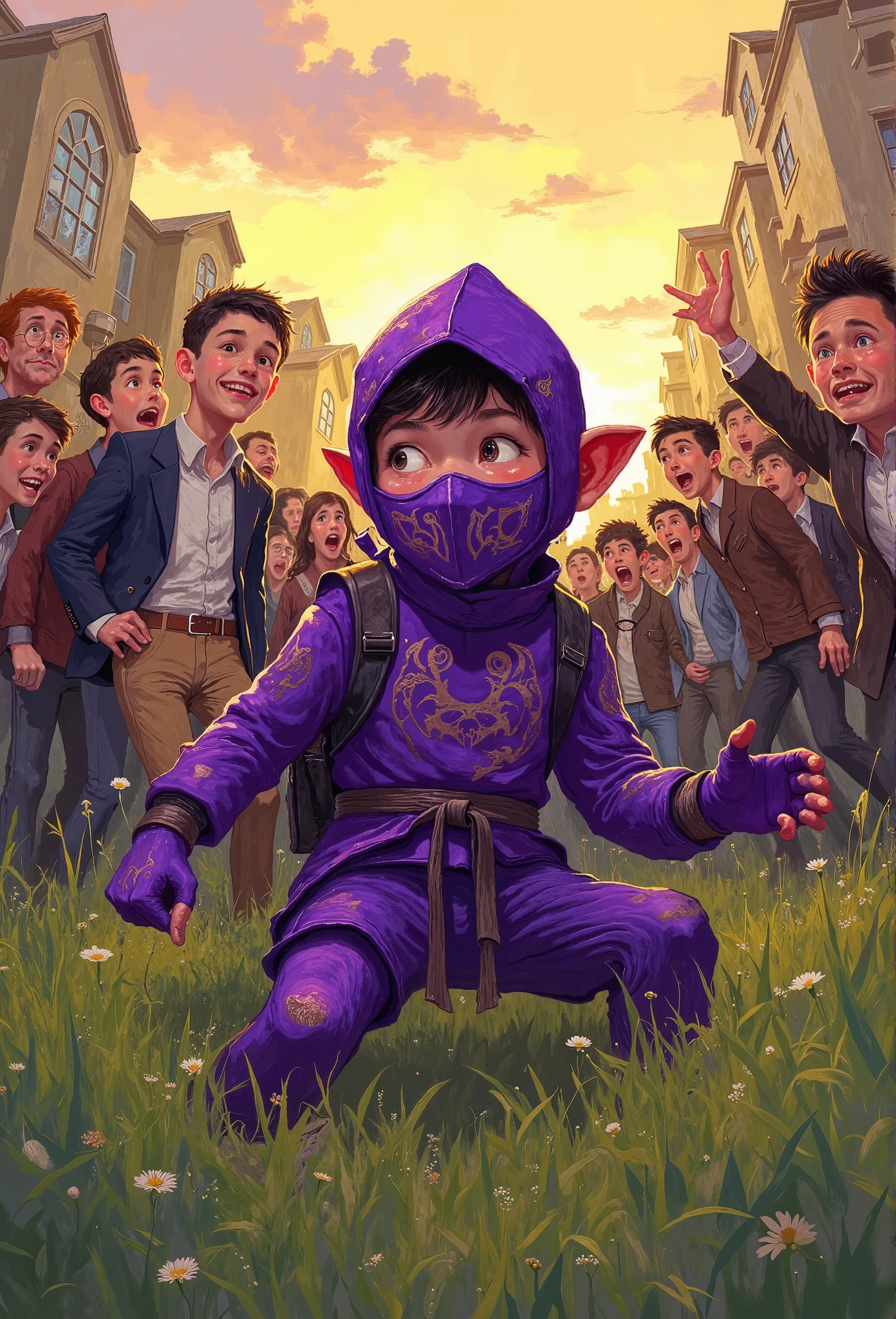  small mascot character artwork ,  boy in purple ninja cosplay, Clumsy character ,  ninja trying to hide in ninjutsu and failing,  trying to hide behind tall grass ,  Ninjas are excited and can't hide their breath , Passers-by find out my identity and I'm surprised, Passers-by flying when they see a ninja , Vacant lot in a residential area ,  there are many passers-by for one ninja ,  it's about time of nightfall 。