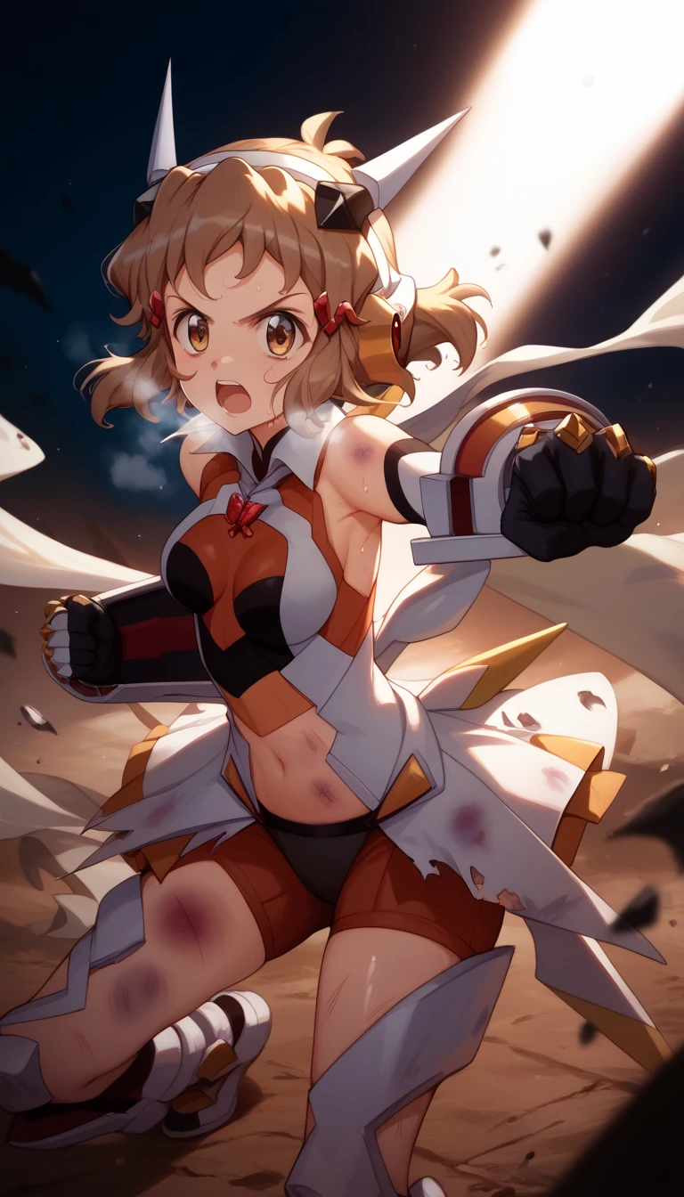  top quality ,  soft light during the cruise,  super high res,  cute, Beautiful face in every detail , high resolution details of human skin texture, shiny skin,sweat,Heat, white breath ,Take a deep breath,Hibiki Tachibana,Brown Hair,, battle costume,Outdoor Arena,sunlight, serious eyes,Ready,Big eyes, Symphogear ,armed gear , open mouth ,Fighting pose,bruised body, has a weapon , hair ornament, torn clothes ,Short Hair