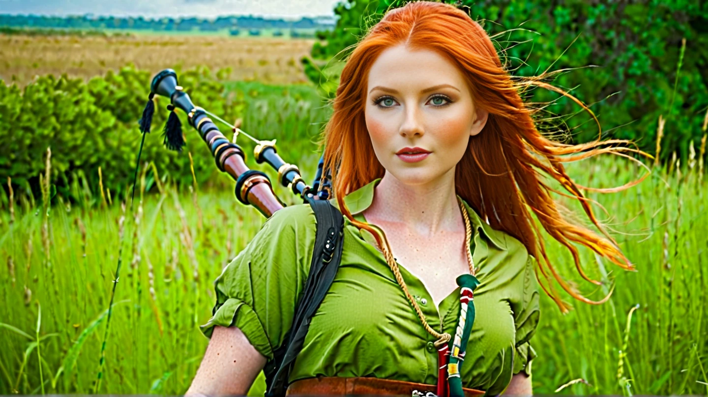 Beautiful Irish woman, red hair, greenish eyes, freckles on her cheeks and nose, rosy cheeks, fair skin, perfect medium body, short clothes, holding a bagpipe, full body, on her back, micro skirt, thong panties, folded V-neck, perfect navel, in an open cambo of low grass.