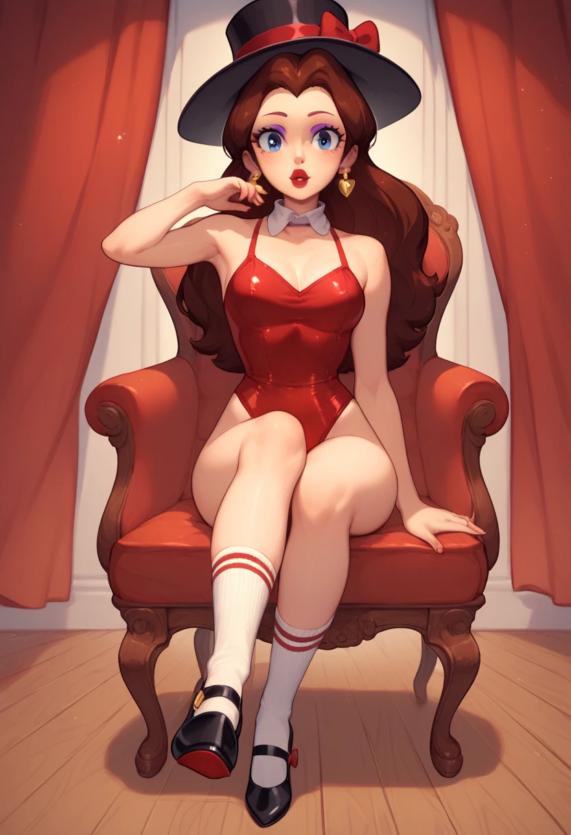 Cute Pauline wearing a sparkling shiny red leotard, black Mary Jane strap tap shoes with small white socks,,performing on stage with red curtains, black mix with brown hair, eyes are centered,, while tap dancing sitting on a chair, black top hat, holding a black cane, red bow with a white collar on her neck, as she cross her feet, sitting on a chair, bows on her tap shoes