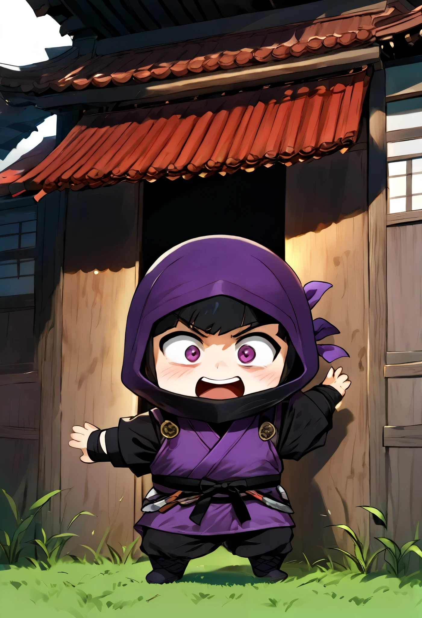  small mascot character artwork ,  boy in purple ninja cosplay, Clumsy character ,  ninja trying to hide in ninjutsu and failing,  they intend to hide behind grass taller than the ninja,  their faces are slightly visible from behind the grass ,  the ninja is excited and has a rough snort and can't hide their breath , Passers-by find out my identity and I'm surprised, Passers-by flying when they see a ninja , Vacant lot in a residential area , One ninja has two passers-by ,  it's about time of nightfall 。
