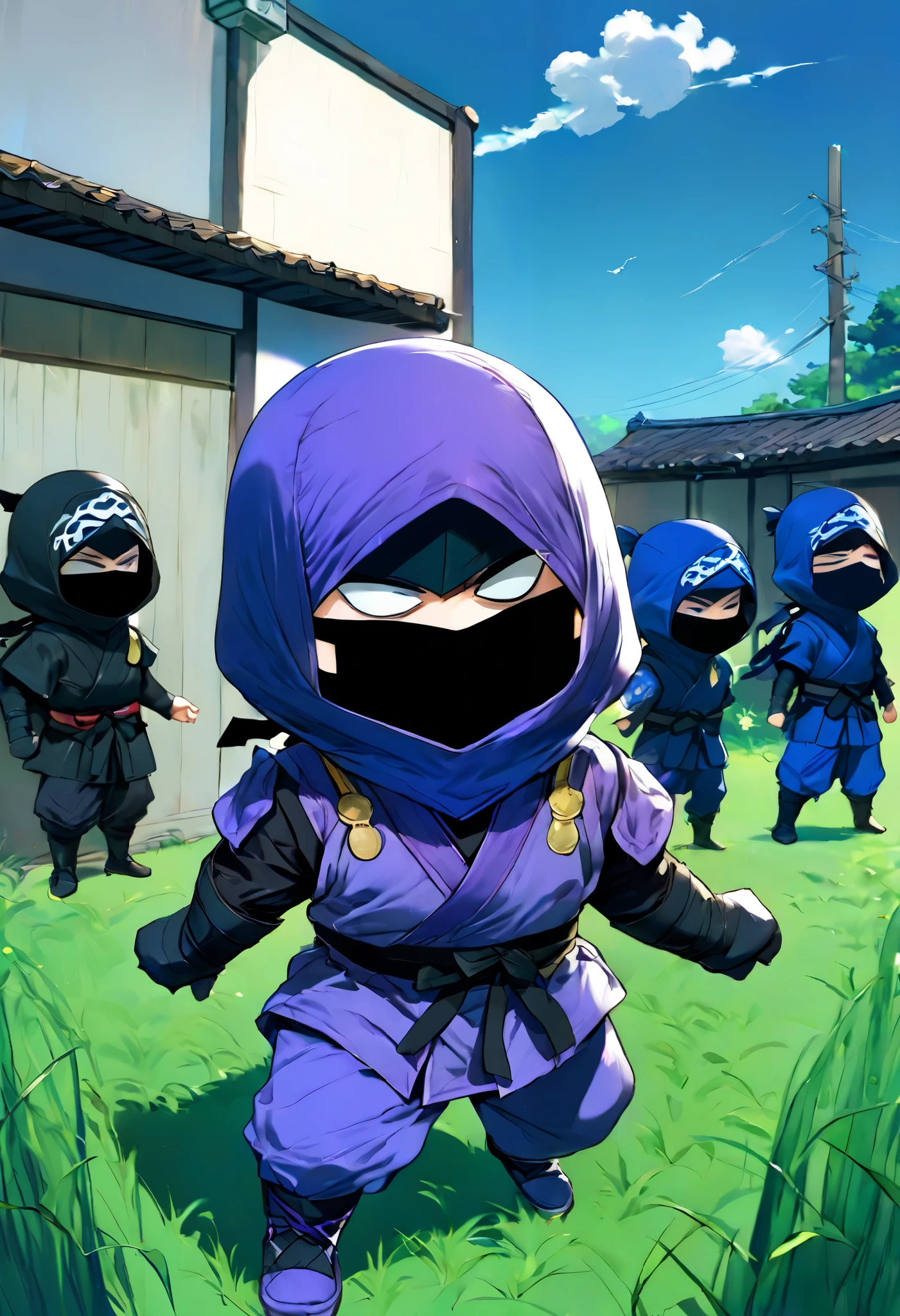  small mascot character artwork ,  boy in purple ninja cosplay, Clumsy character ,  ninja trying to hide in ninjutsu and failing,  they intend to hide behind grass taller than the ninja,  their faces are slightly visible from behind the grass ,  the ninja is excited and has a rough snort and can't hide their breath , Passers-by find out my identity and I'm surprised, Passers-by flying when they see a ninja , Vacant lot in a residential area , One ninja has two passers-by ,  it's about time of nightfall 。
