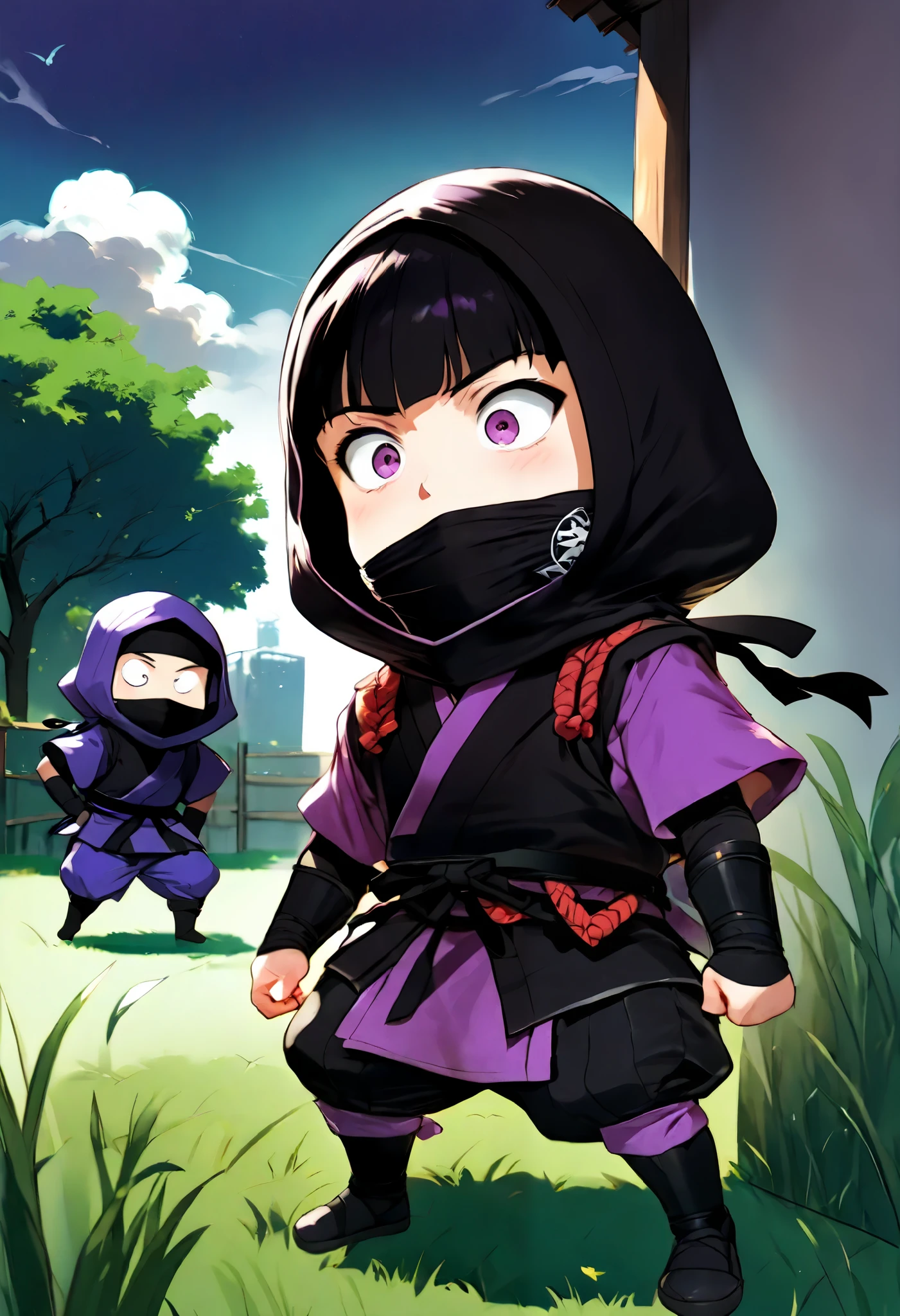  small mascot character artwork ,  boy in purple ninja cosplay, Clumsy character ,  ninja trying to hide in ninjutsu and failing,  they intend to hide behind grass taller than the ninja,  their faces are slightly visible from behind the grass ,  the ninja is excited and has a rough snort and can't hide their breath , Passers-by find out my identity and I'm surprised, Passers-by flying when they see a ninja , Vacant lot in a residential area , One ninja has two passers-by ,  it's about time of nightfall 。
