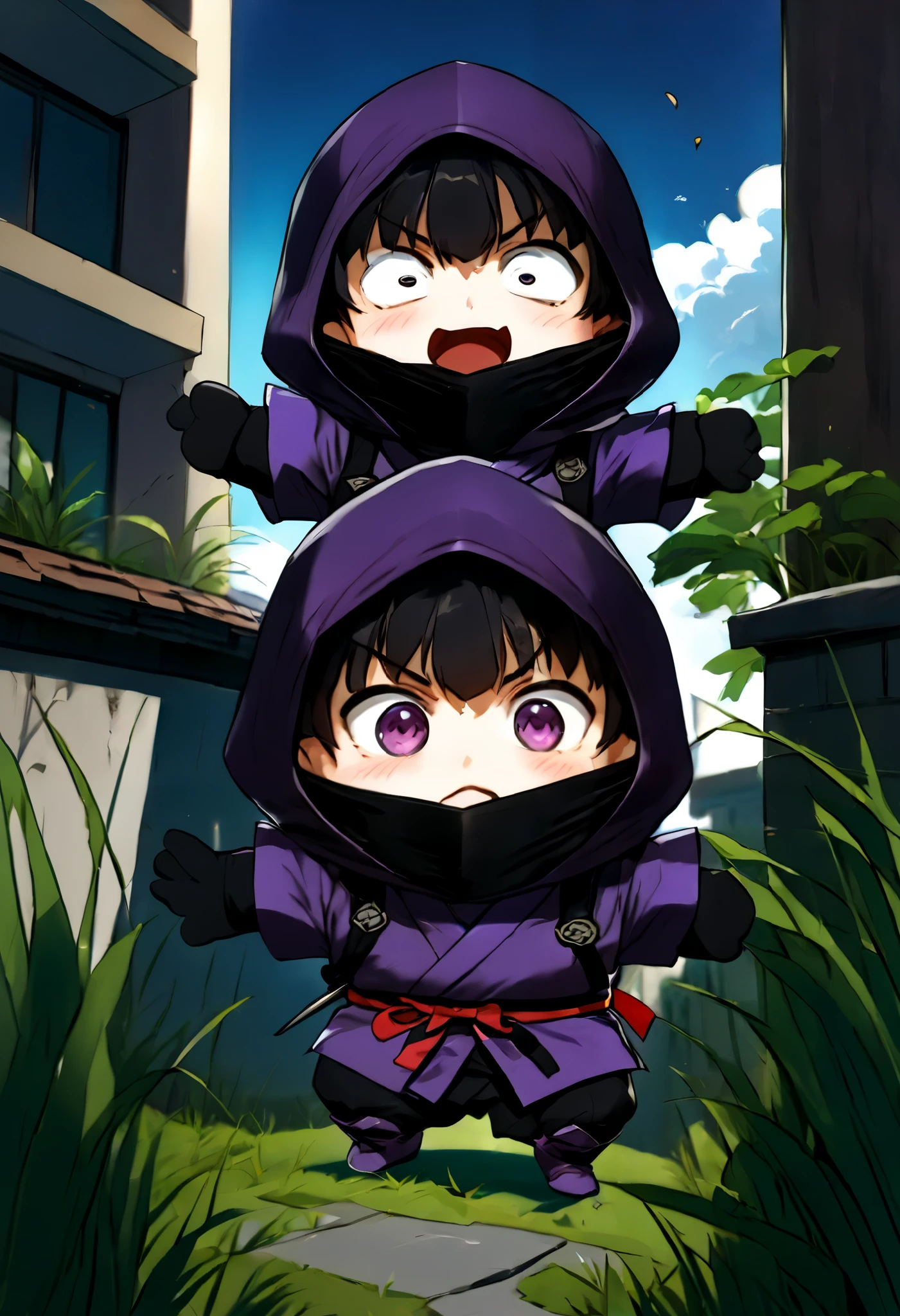  small mascot character artwork ,  boy in purple ninja cosplay, Clumsy character ,  ninja trying to hide in ninjutsu and failing,  trying to hide behind tall grass ,  Ninjas are excited and can't hide their breath , Passers-by find out my identity and I'm surprised, Passers-by flying when they see a ninja , Vacant lot in a residential area ,  there are many passers-by for one ninja ,  it's about time of nightfall 。