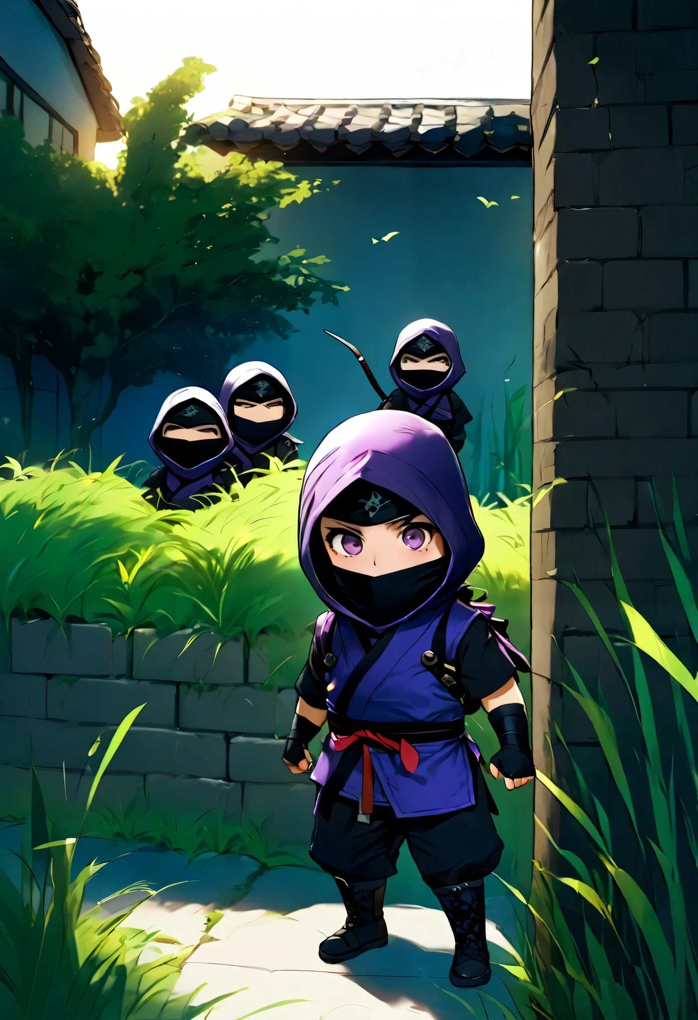  small mascot character artwork ,  boy in purple ninja cosplay, Clumsy character ,  ninja trying to hide in ninjutsu and failing,  trying to hide behind tall grass ,  Ninjas are excited and can't hide their breath , Passers-by find out my identity and I'm surprised, Passers-by flying when they see a ninja , Vacant lot in a residential area ,  there are many passers-by for one ninja ,  it's about time of nightfall 。