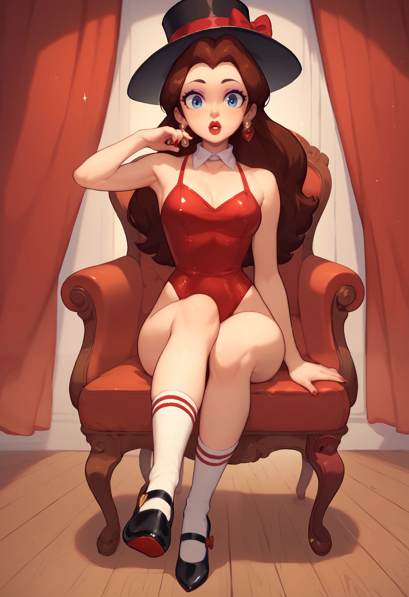 Cute Pauline wearing a sparkling shiny red leotard, black Mary Jane strap tap shoes with small white socks,,performing on stage with red curtains, black mix with brown hair, eyes are centered,, while tap dancing sitting on a chair, black top hat, holding a black cane, red bow with a white collar on her neck, as she cross her feet, sitting on a chair, bows on her tap shoes