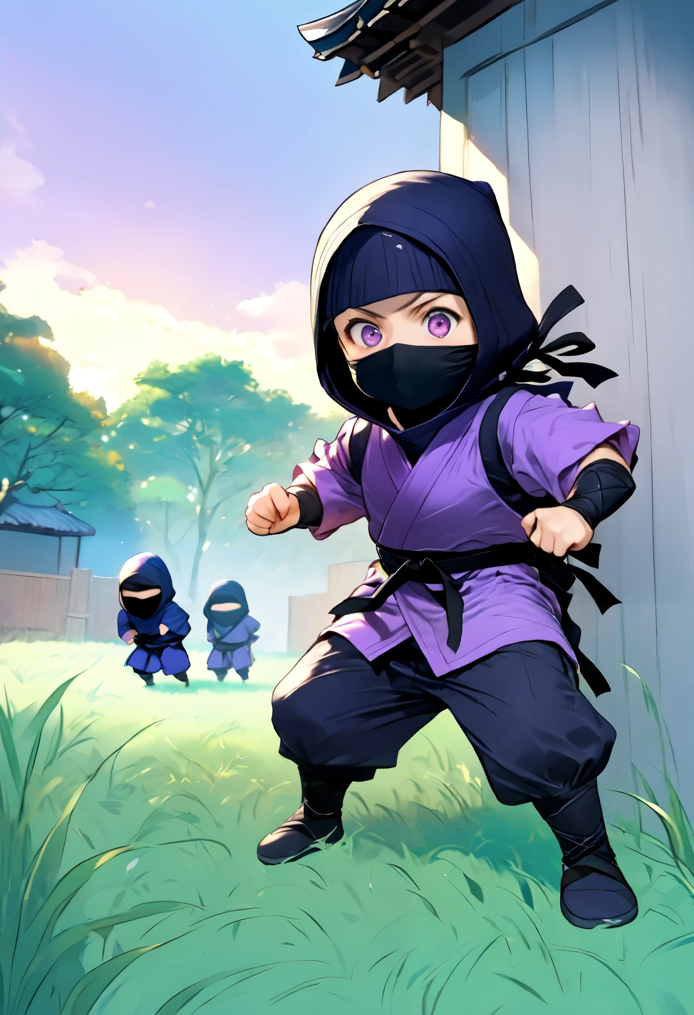  small mascot character artwork ,  boy in purple ninja cosplay, Clumsy character ,  ninja trying to hide in ninjutsu and failing,  they intend to hide behind grass taller than the ninja,  their faces are slightly visible from behind the grass ,  the ninja is excited and has a rough snort and can't hide their breath , Passers-by find out my identity and I'm surprised, Passers-by flying when they see a ninja , Vacant lot in a residential area , One ninja has two passers-by ,  it's about time of nightfall 。