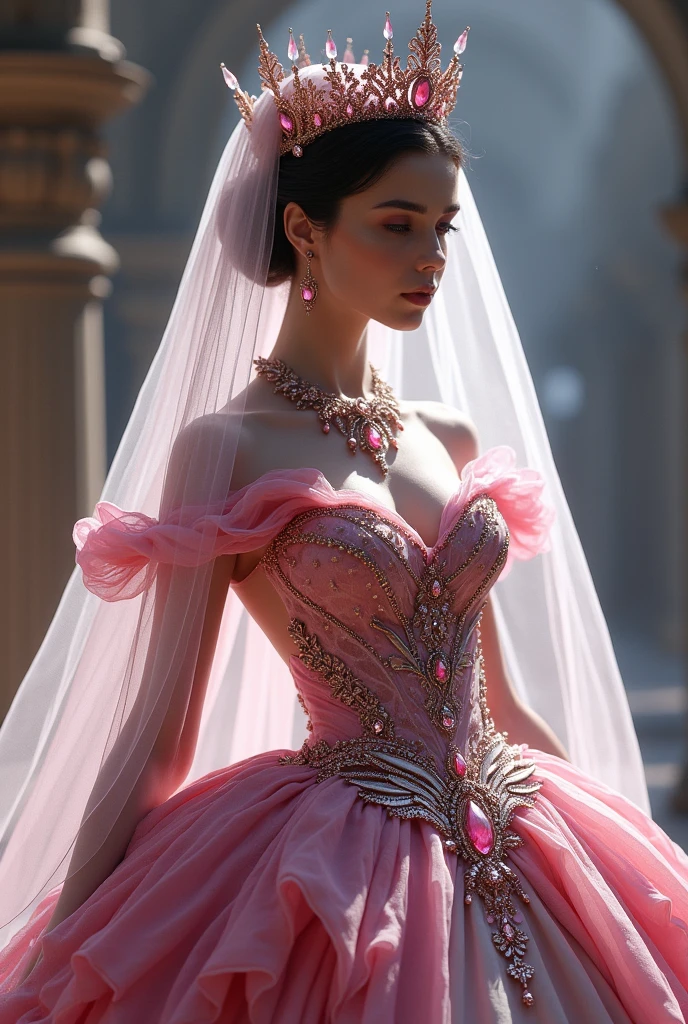 A women in a pink lehenga (skirt lift), (lifting skirt in one hand), (genitals visible), (private hair), with a pink and green veil, An empress rose artisanally transitions into the depth of cherry pinks on a lustrous velvet base, Hand embroidered intricately with our signature silver and gold zardozi embroidery infused with the beauty of badla work., shades of green and pink, very beautiful lehenga style, with intricate details, beauteous sumptuous a beautiful girl, beautiful detailed eyes, beautiful detailed lips, extremely detailed face and skin, long eyelashes, graceful pose, serene expression, cinematic lighting, award-winning digital art, highly detailed, 8k, photorealistic, masterpiece, vibrant colors, dramatic lighting