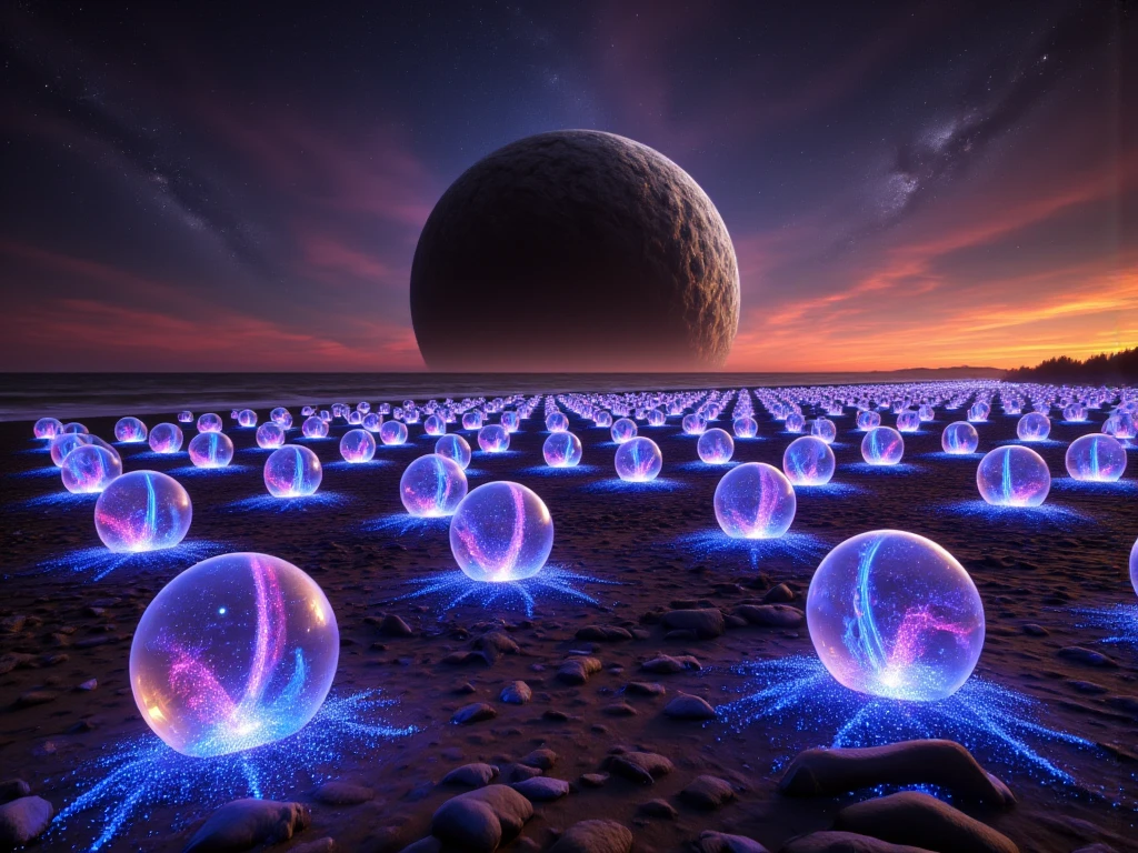 On a beach at dusk there are thousands of crystal balls and inside each one there is a radiant and moving galaxy, in the background a massive black hole