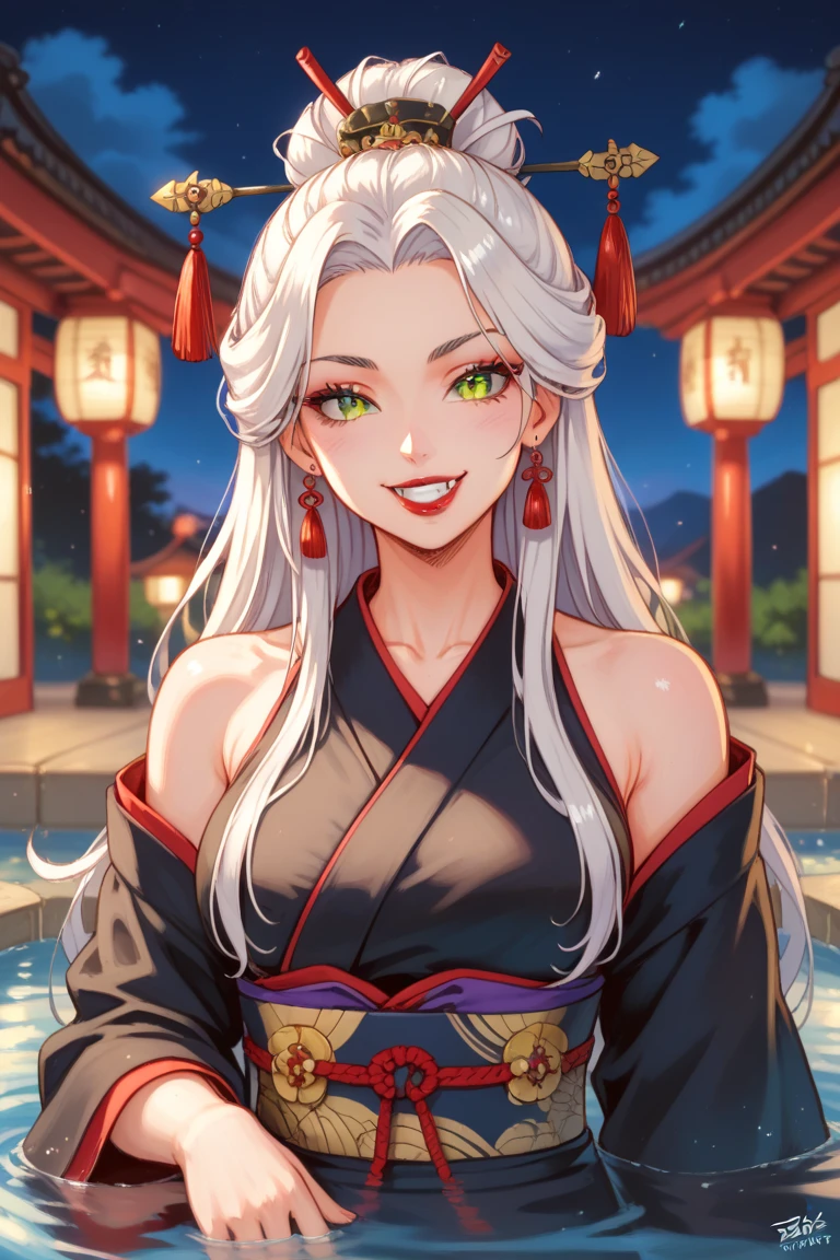 One Demon Girl, looks at the camera, Portrait of a men, Beautiful waist, night, ancient japan, very sexy, In the bath, grin, fangs,  mouth open, fangs, smile, White hair, erotica, very sexy, beautiful body is completely visible, masterpiece, Best quality, full length (Full body 1.1.), Beautiful waist, good feet, high quality, long hair, White hair.  Highly detailed face, depth of field, HDR, very detailed, ray tracing, whole body, dark fantasy, Demon&#39;s tattoo, very beautiful, Beautiful ., 1 girl, solo, I look at the viewer, black hair, hair ornament, jewelry, closed mouth, green eyes, yellow eyes, japanese clothes, kimono, draw up, pomade, slit pupils, Brilliant eyes, wicked, Red lips, hair stick