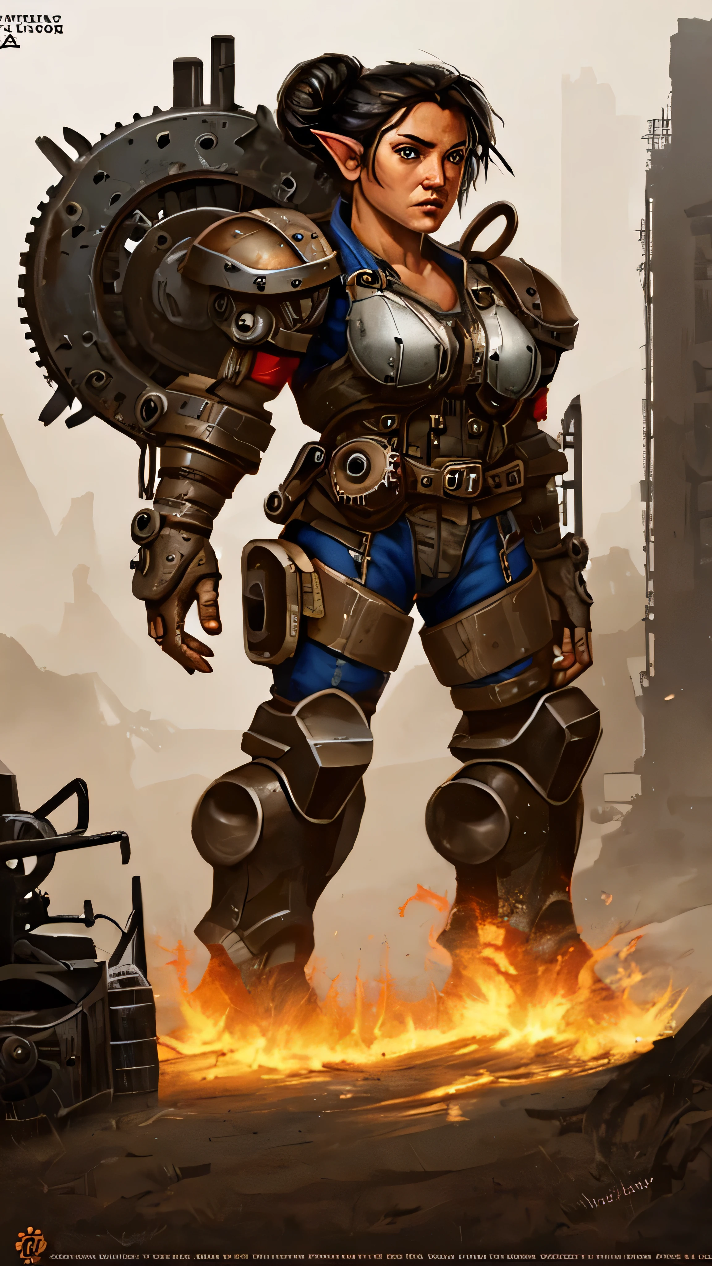 gnome, female, short stature, shortstack, black hair bun, big blue eyes, big ears, bark-colored body skin, pilot’s suit, toolbelt filled with wrenches, arcane devices, goggles on forehead, battle-hardened, standing proudly, intricately designed mech suit, traditional gnome engineering mech, futuristic technology, featuring gears, pistons, mech’s arms are equipped with a massive hammer, plasma cannon, sturdy legs, war-torn industrial landscape, glowing forges, smoky skies, magic, machinery, steampunk-meets-sci-fi world, (insanely detailed, beautiful detailed face, masterpiece, best quality), cinematic lighting, solo, (full body view), front view, looking at viewer, intricate, high detail, sharp focus, dramatic, photorealistic painting art by greg rutkowski