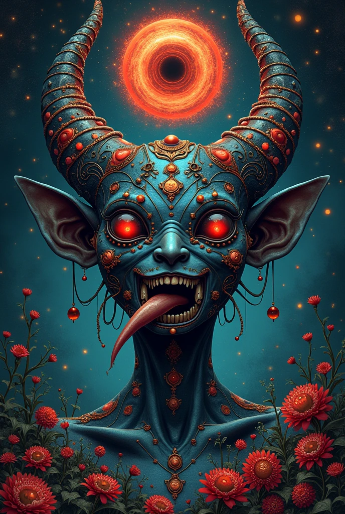 A macabre surrealism scene featuring a unique creature with a single eye, sharp teeth, a long , and large, fantastical horns. The creature with intricate designs that blend red and blue sapphire ornaments with game-like. There is a double exposure of a cavity in the center. The creature's body is that of a black witch, a cosmic surrealist goddess with an alien-like design, glowing eyes, and adorned with Lissajous patterns. The goddess has many small faces and swirling galaxies. The creature has sharp teeth, a muscular humanoid body made of natural cables, and many connections on the upper floor and fractal guilloche patterns swirling within. Several frightening female faces emerge from the spirograph and guilloche patterns.