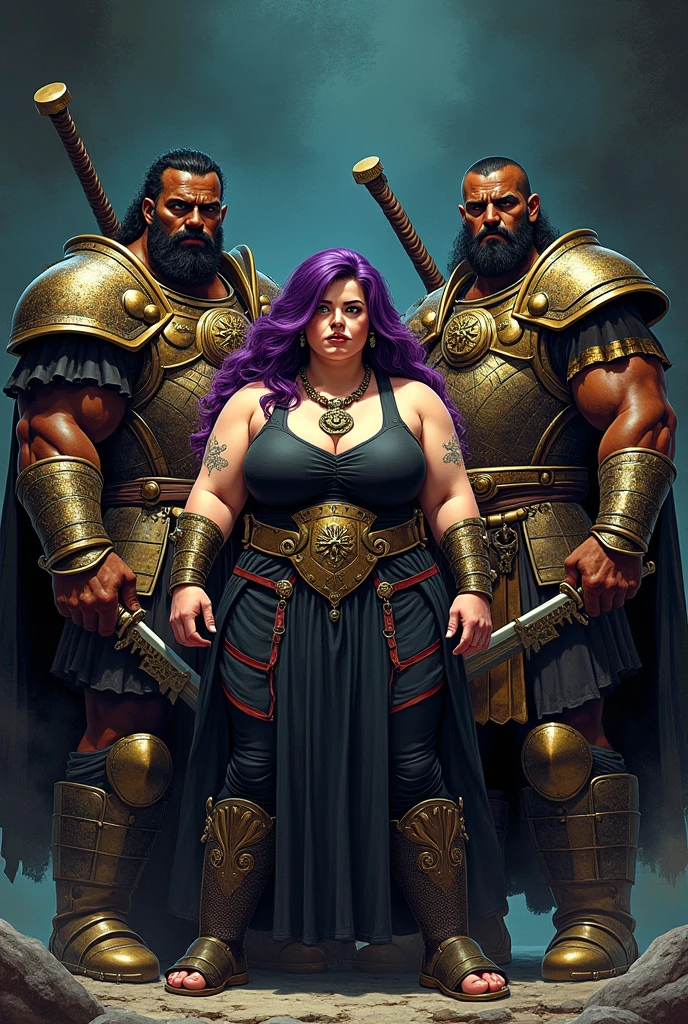 comic book image with 2 dark-skinned warrior men in armor with armor helmets and shield and a curvy, overweight, chubby woman warrior, obese white, very white woman with long purple hair and green eyes wearing an eagle necklace, with dark background Write in the middle THE ALLIANCE OF METAL 