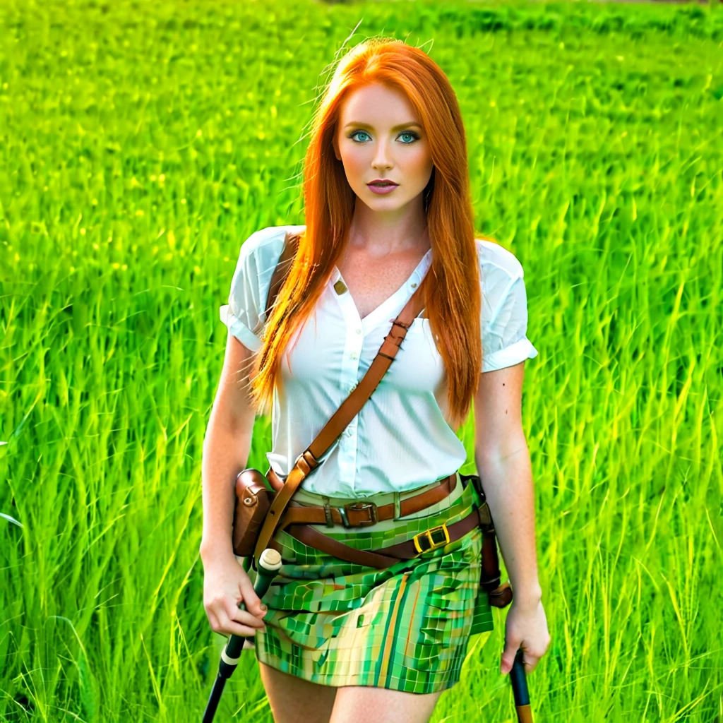 Beautiful Irish woman, red hair, greenish eyes, freckles on her cheeks and nose, rosy cheeks, fair skin, perfect medium body, short clothes, holding a bagpipe, full body, on her back, micro skirt, thong panties, folded V-neck, perfect navel, in an open cambo of low grass.