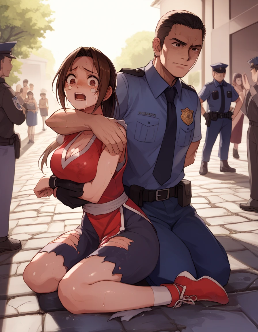 mai shirnui, Hug with male police officer、score_9, score_8_upper, score_7_upper, score_6_upper, score_5_upper, score_4_upper、Inspired by Japanese manga style, Manga style, How to draw manga, Digital drawing, An 8K masterpiece depicting a Japanese manga about girls in their twenties, Act as a slave, Anguished expression, A gesture of defeat, Torn clothes and black jilbab, Hands restrained by chains, spread, Sit upright on the stone pavement. Surrounded by a crowd of women. Face full of scars、Skin shiny with sweat、、 crying wet bursting out eyes, real tears streaming down face, ultra-detailed eyes,,expression of despair,Illumination that emphasizes shiny sweat{{{Spread }}},Infuriated, bandaid on face,tatteredclothing