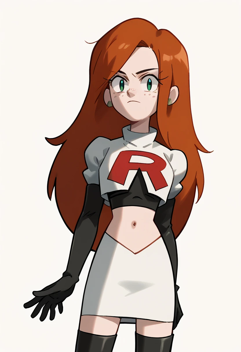 wendy, long hair, 1girl, orange hair, solo, green shirt, freckles, earrings, looking at viewer, team rocket,team rocket uniform,white skirt,red letter R,crop top,black thigh-highs,black elbow gloves, cowboy shot,, score_9, score_8_up, score_7_up, score_6_up, score_5_up, score_4_up