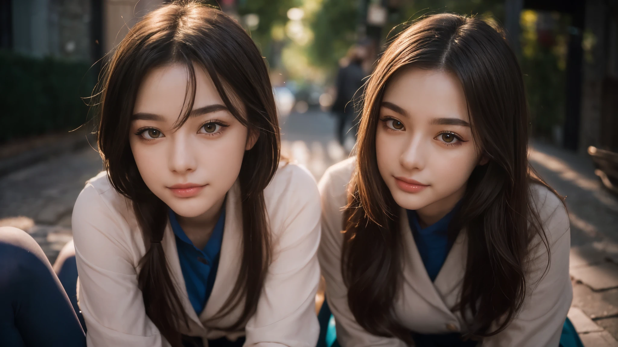 (1 lady), The beautiful, (Best quality at best:1.4), (ultra - detailed), (extremely detailed CG unified 16k), (dark greenish gray-brown hair), very detailed, High-definition RAW color photo, professional photoshooting, amazing face and eyes, cosmetics, (amazingly beautiful girl), ((Ibuki Fuko, small woman yet amazingly attractive body at his best, NOT Dasha Taran)), ((clannad uniform, blue skirt, black tights)), (extremely detailed background, a lot of details background, realistic background), realistic cinematic face, head to feet long wide zoomed out view, full body long view, photorealistic, ((honey eyes)), gorgeous, extremely beautiful face, perfect model beauty, pout mouth, Highly Detailed Face and Skin Texture, Detailed Eyes, Double Eyelids, Very Small Breasts, Persistent Stare, Faith Trance, (funny expression, mystical stare, looking eternity), (masterpiece), smile, beautiful smile, best quality, high resolution, depth of field, cinematic lighting, amazing legs, black combat boots, clear and well-cared skin