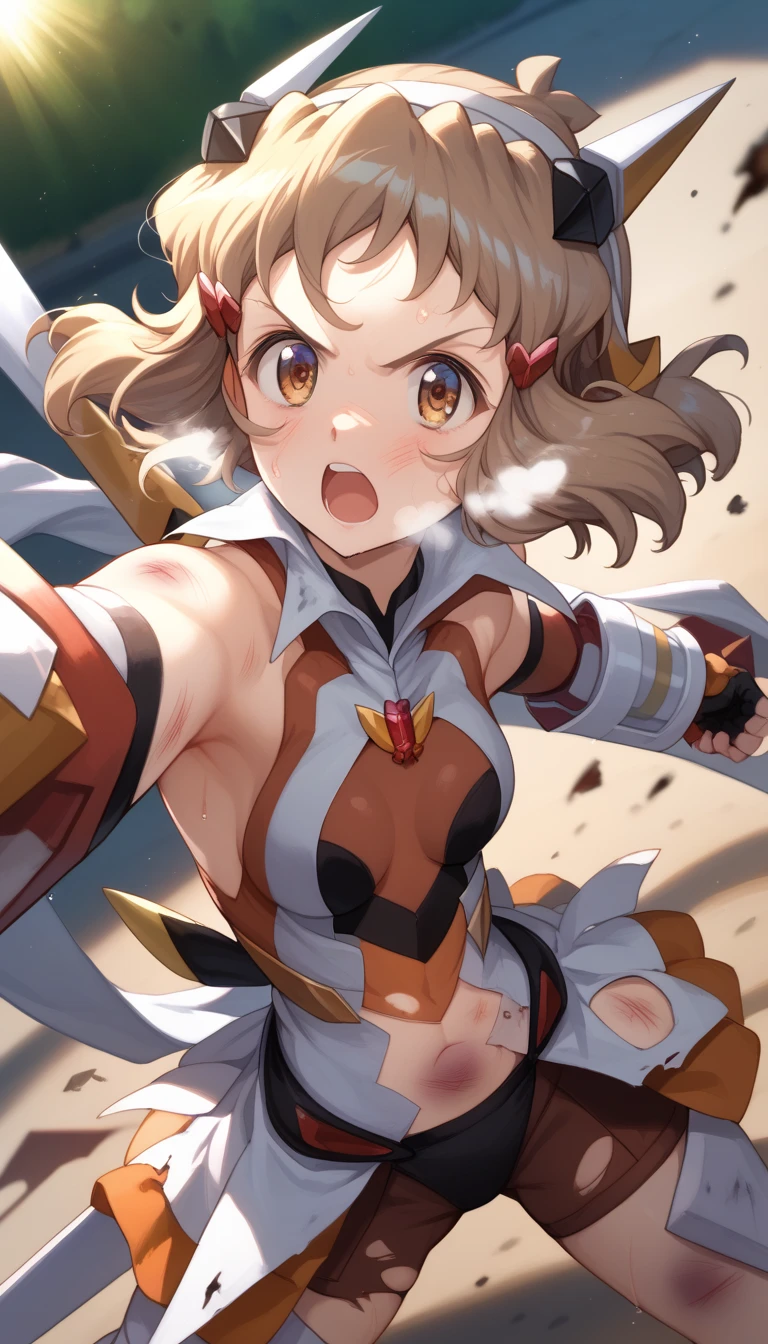  top quality ,  soft light during the cruise,  super high res,  cute, Beautiful face in every detail , high resolution details of human skin texture, shiny skin,sweat,Heat, white breath ,Take a deep breath,Hibiki Tachibana,Brown Hair,, battle costume,Outdoor Arena,sunlight, serious eyes,Ready,Big eyes, Symphogear ,armed gear , open mouth ,Fighting pose,bruised body, has a weapon , hair ornament, torn clothes ,Short Hair,whole body