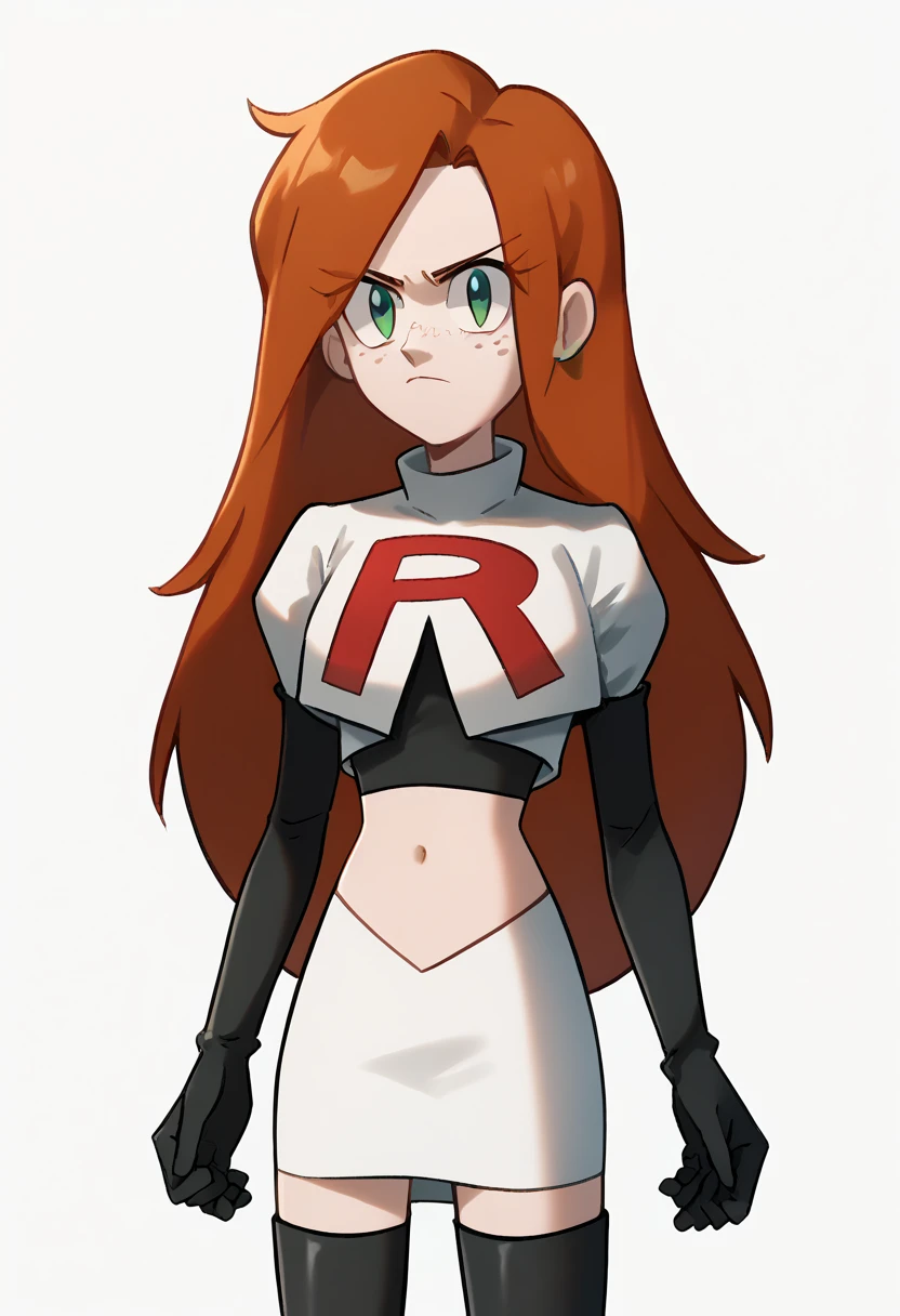 wendy, long hair, 1girl, orange hair, solo, green shirt, freckles, earrings, looking at viewer, team rocket,team rocket uniform,white skirt,red letter R,crop top,black thigh-highs,black elbow gloves, cowboy shot,, score_9, score_8_up, score_7_up, score_6_up, score_5_up, score_4_up