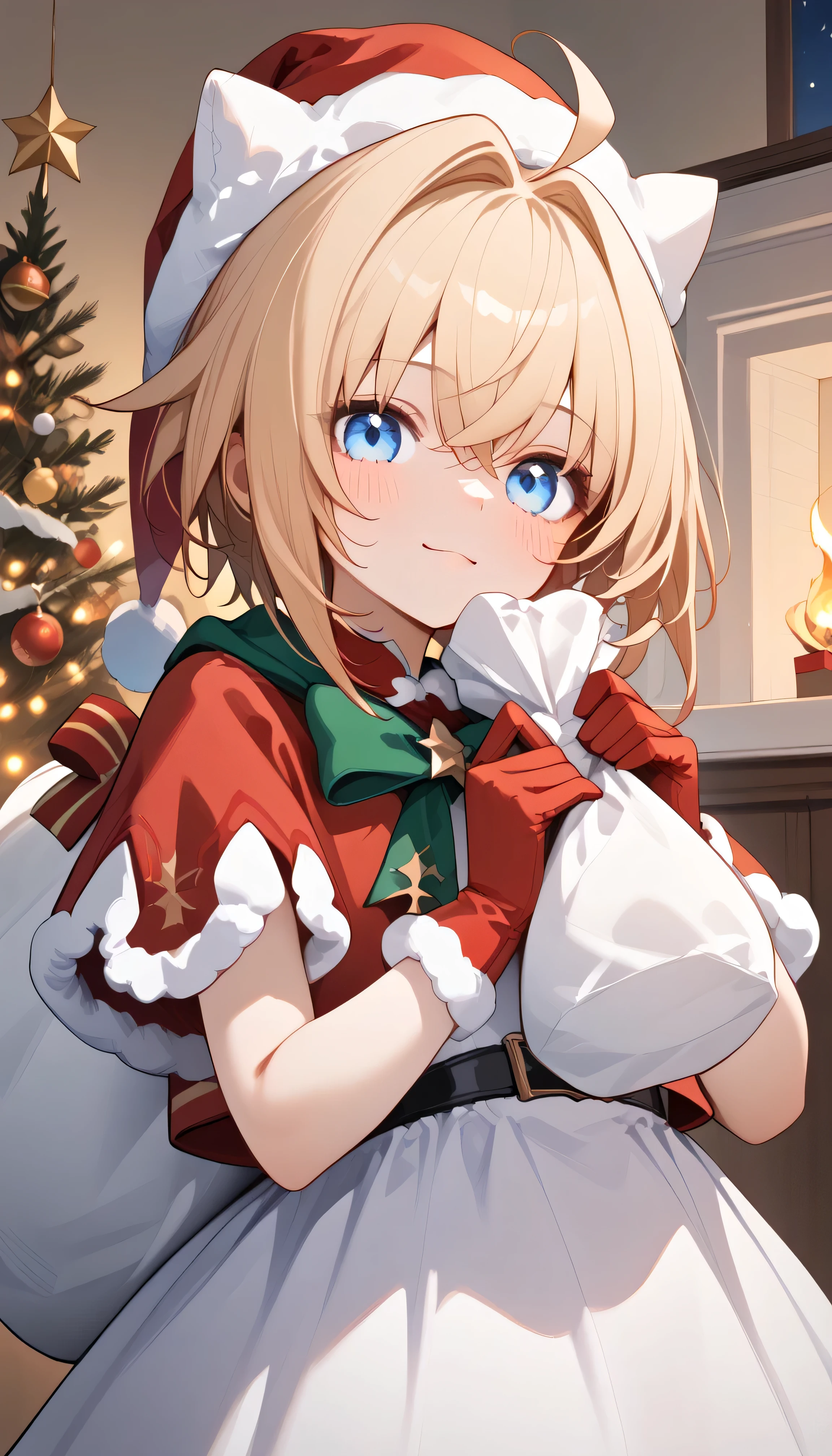 smooth_anime,  lynxlandau , Alone, blonde hair, short hair, ahoge, blue eyes, Alone,  can see her eyebrows through her hair,  hair between eyes,  viewers, masterpiece,  top quality , very aesthetic, santa costume, santa hat, christmas, sack,  Merry Christmas , gift, fur-trimmed headwear, holding sack, santa dress, fur-trimmed dress, christmas tree, christmas tree, fur trim, red capelet, gift box, red gloves, fur-trimmed capelet, santa gloves, red hat, hat,