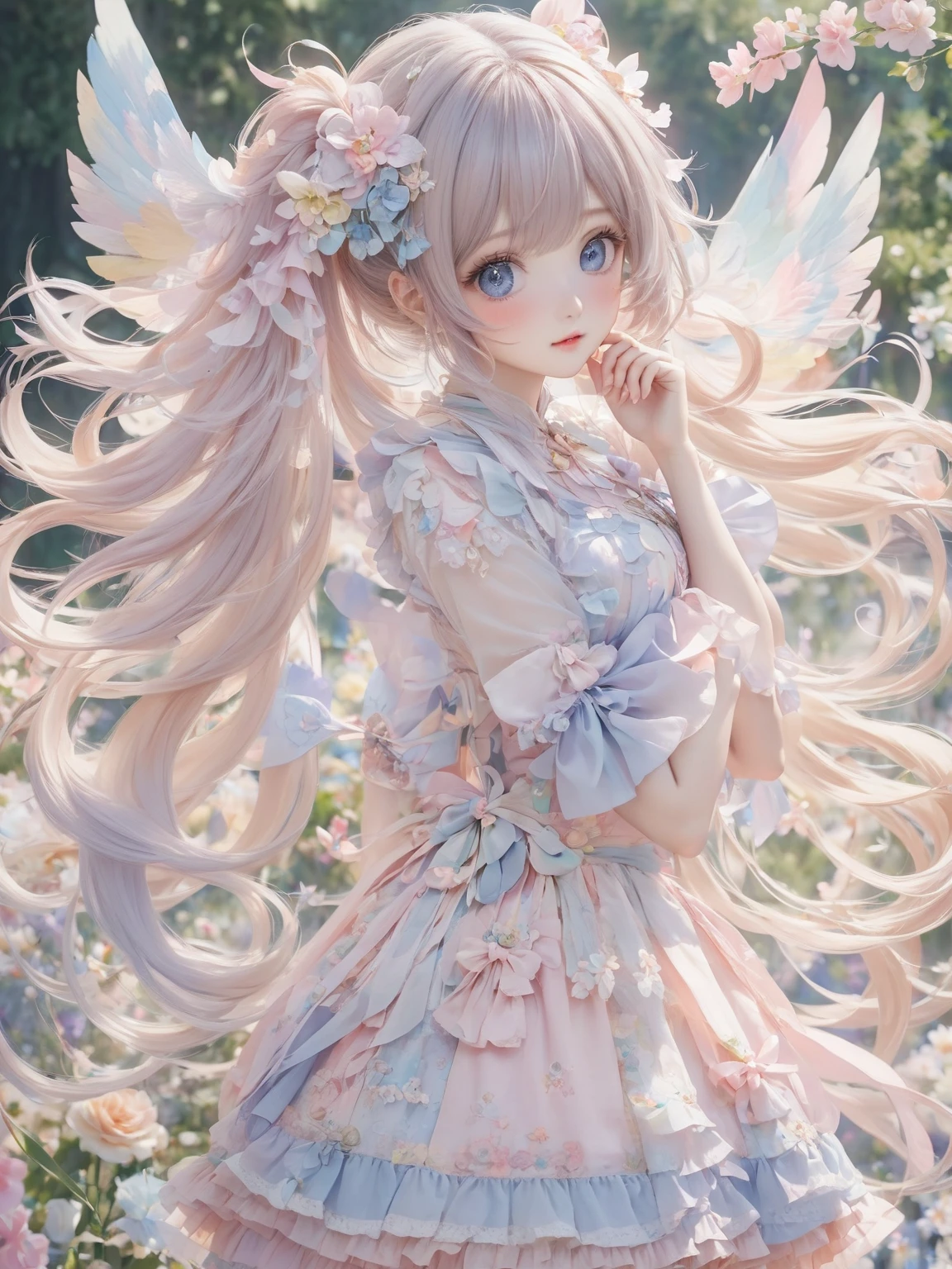 (Angel wings、😇、a smile、😌🥰Archaic Smile).hyper realstic、Ultra-realistic、Depiction of the human body without distortion、Monna Lisa、Woman in the Arms、Near and far law、Three-dimensional、Contemporary painting、moderno、world masterpiece、collection、Homage to the art or artist work of Picasso and Renoir, Not sentimental、Excellent portrayal、Gentle expression、More detailed character faces, Serious competition、Compositions like paintings、(Konmutsuki_Gacha_Series 1, punk_rosette), Realistic、Delicate brushwork、aqua color flowers, (Full body, elegant flowers background)