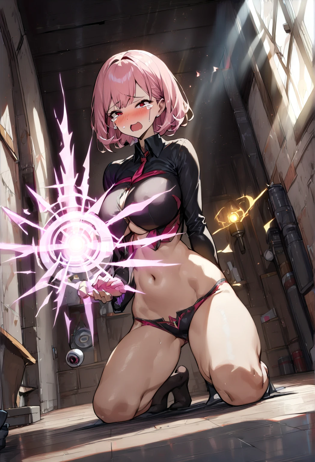 (( close、16k、highest quality、Attention to detail、Rich skin detail, nsfw、、sex)),((White leotard))、 (Beautiful Eyes), ((Swollen nipples、Small breasts)),((Crouching、Hands behind head、Both armpits))、 ((Sweat))、(Yellow Eyes)、((Pink Hair、Short Hair、Wavy Hair、Ahoge)),  ((blush))、(Wide Hips、Thick thighs)、Are crying、Mouth closed、((((surprised、Embarrassing))))、((Dark concrete room、Jail))