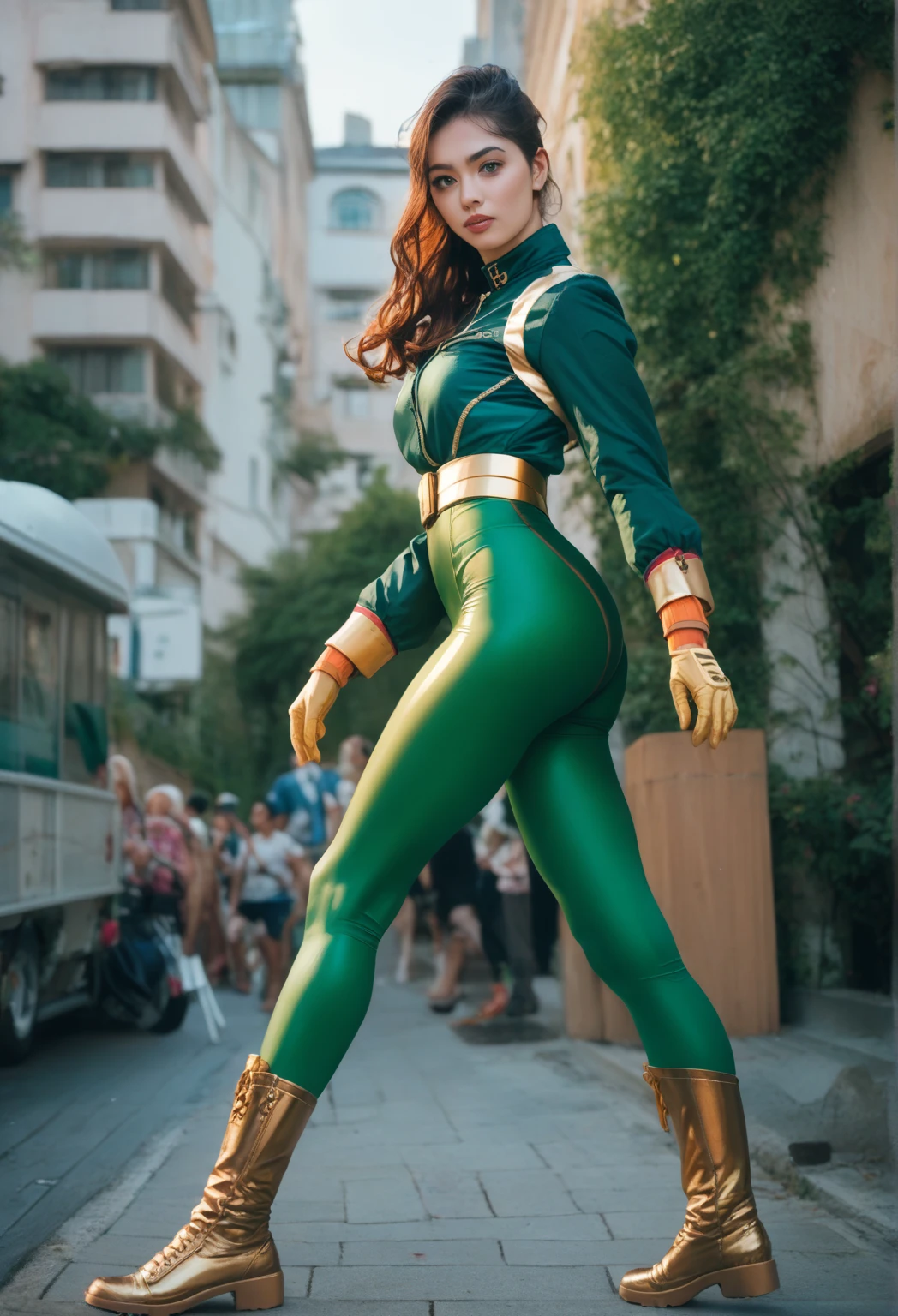 masterpiece, High Definition, top quality, 8k,
Full-body woman, Ultra realistic picture Realistic photo, in a green wetsuit, and green leggings, and golden boots, and golden gloves, and golden belt, with the Brazilian flag on her chest, flying between buildings, with her arms forward , with her fists clenched and her stomach