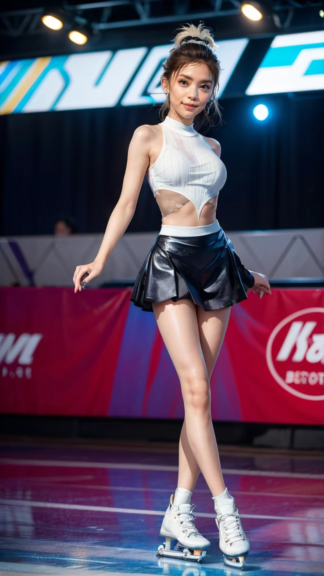 (8k, best quality:1.3), (extremely detailed:1.2), perfect anatomy, beautiful Japanese woman, 18 years old, healthy thighs, beautiful legs, beautiful skin, random hair color, random hairstyle, large breasts, (she is standing:1.2), female figure skater, figure skating outfit, (miniskirt:1.3), full body shot, skate shoes, skating rink, Kana Kurashina