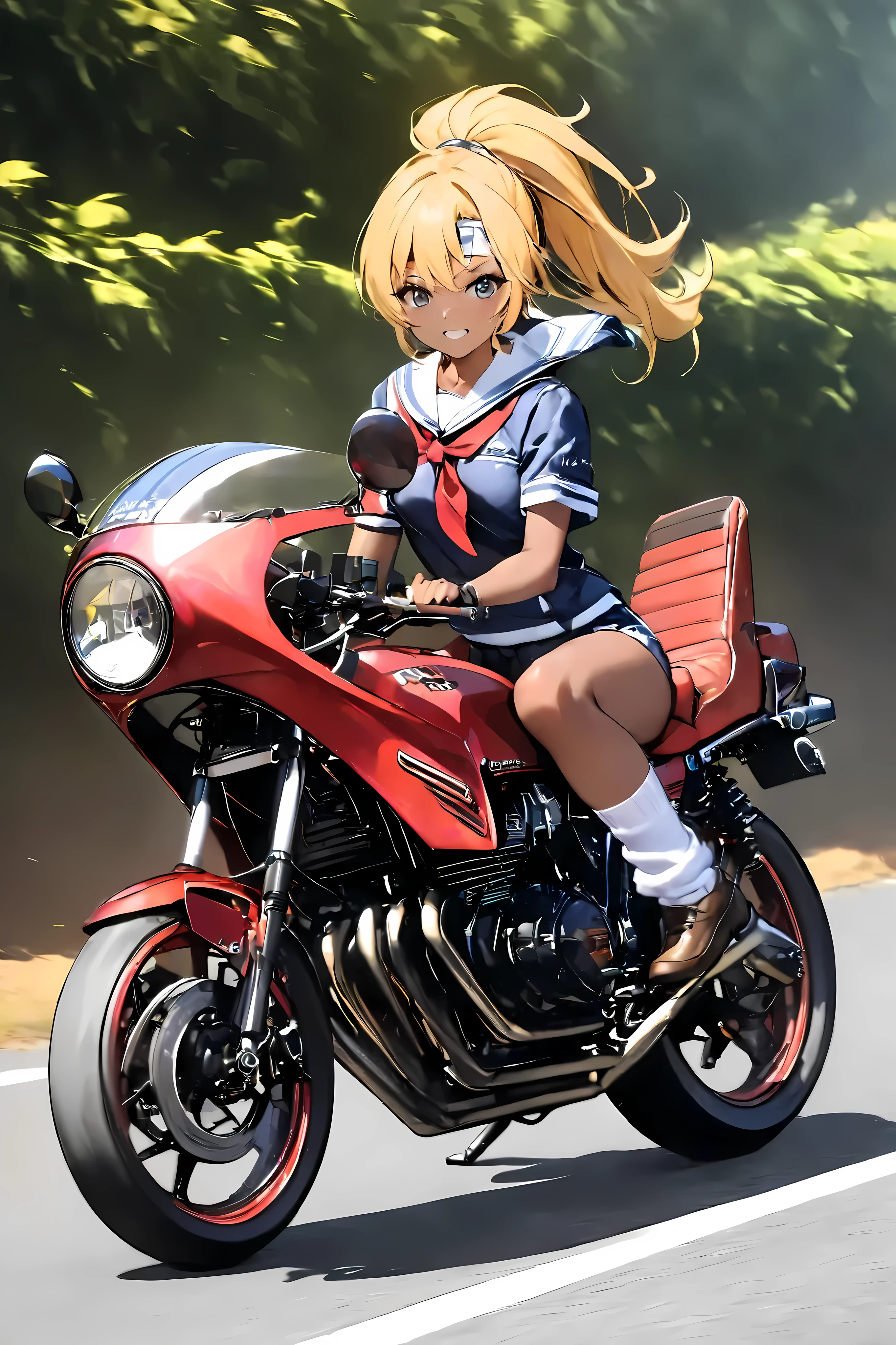 1 high school girl rides a motorcycle tuned to Honda CBX400F cafe racer specifications, a separate handlebars, rocket cowl, sailor suit, loose socks, loafers, glossy brown skin, small breasts, video, Yellow Hair, ponytail,  inviting ,  top quality , Headband、Wooden sword