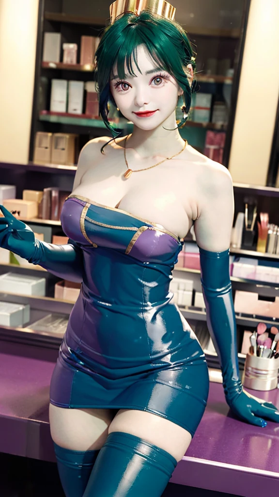 (masterpiece, top quality ,Ultra delicate,  perfect face,16k,   high res ,   very beautiful women,raw photo,very cute,photo realistic,1 girl), Heavy makeup:1.3,  deep green hair  ,  Blue Latex Bodycon Dress ,   Long Blue Latex Gloves  , Light Green Tights ,  Big Breasts , Tall Cylindrical Gold Headpiece ,   blue-white skin, Red gem on forehead:2.0, ((Cosmetics counter  )),   necklace,  smile ,  cowboy shot,slender,having cosmetic items