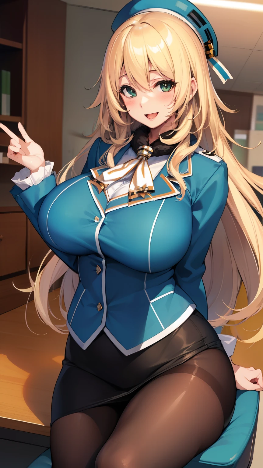 , Looking at Viewer,
blonde hair, large breasts, Smile, Open mouth, smile,wide hips,long hair,indoor,uniform,AtagoKC, (Atago) uniform,beret,sitting,office,desk,chair,skirt,pantyhose