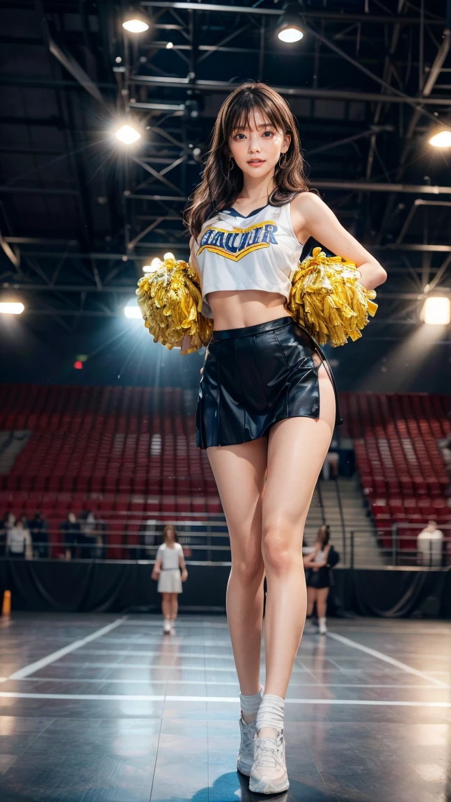 A beautiful young Japanese woman, 20 years old, with perfect anatomy, healthy thighs, beautiful feet, flawless skin, random hair color and style, large bust, (she is standing:1.2), wearing a cheerleader uniform with micro-pleated miniskirt, in a full body shot, standing in a stadium, (best quality,4k,8k, highres, masterpiece:1.3), (extremely detailed:1.2), Kana Kurashina