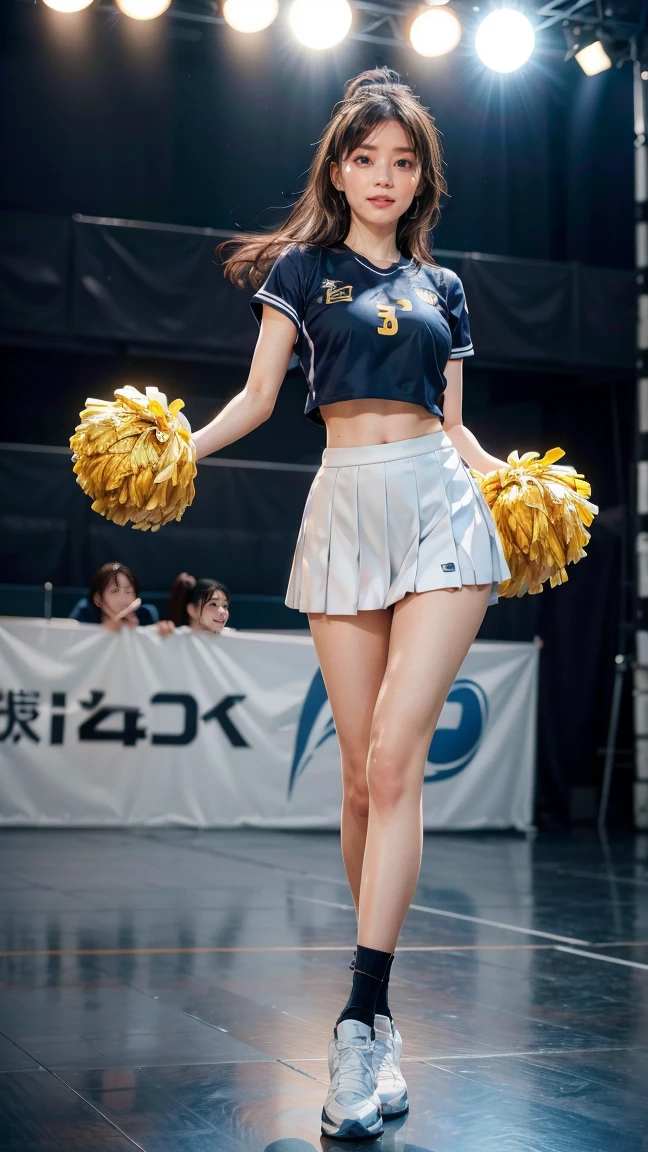 A beautiful young Japanese woman, 20 years old, with perfect anatomy, healthy thighs, beautiful feet, flawless skin, random hair color and style, large bust, (she is standing:1.2), wearing a cheerleader uniform with micro-pleated miniskirt, in a full body shot, standing in a stadium, (best quality,4k,8k, highres, masterpiece:1.3), (extremely detailed:1.2), Kana Kurashina