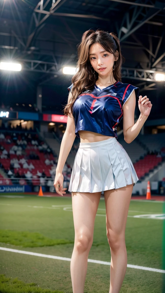 A beautiful young Japanese woman, 20 years old, with perfect anatomy, healthy thighs, beautiful feet, flawless skin, random hair color and style, large bust, (she is standing:1.2), wearing a cheerleader uniform with micro-pleated miniskirt, in a full body shot, standing in a stadium, (best quality,4k,8k, highres, masterpiece:1.3), (extremely detailed:1.2), Kana Kurashina