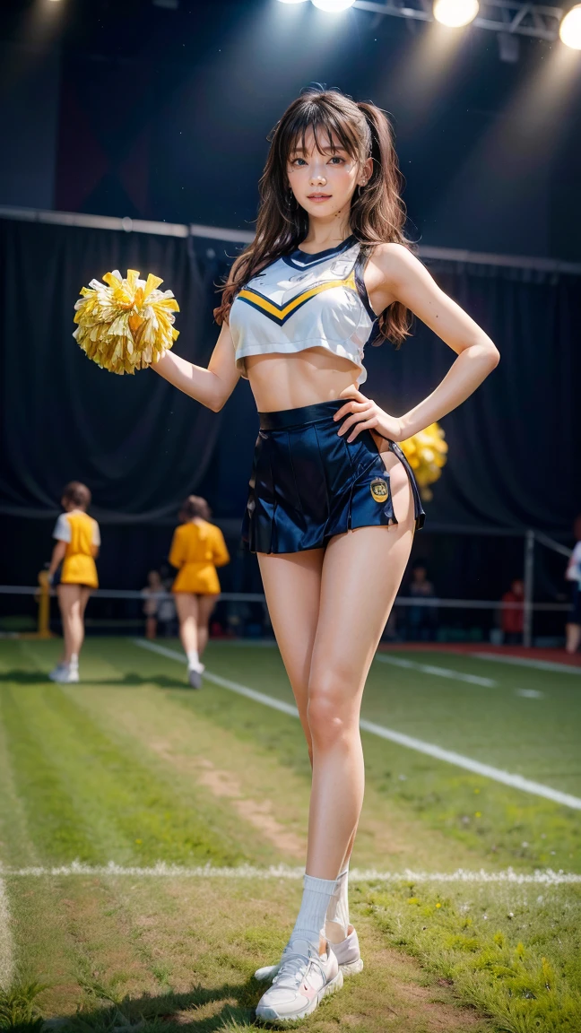 A beautiful young Japanese woman, 20 years old, with perfect anatomy, healthy thighs, beautiful feet, flawless skin, random hair color and style, large bust, (she is standing:1.2), wearing a cheerleader uniform with micro-pleated miniskirt, in a full body shot, standing in a stadium, (best quality,4k,8k, highres, masterpiece:1.3), (extremely detailed:1.2), Kana Kurashina