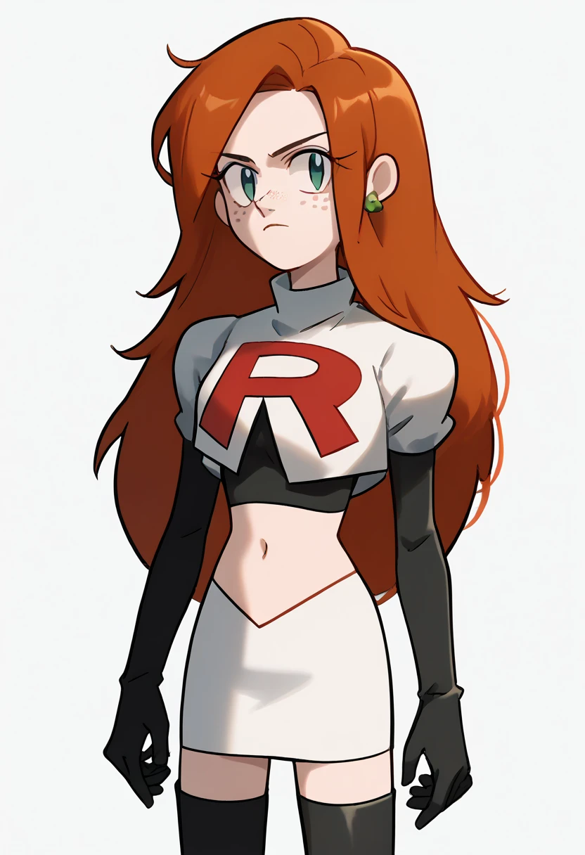 wendy, long hair, 1girl, orange hair, solo, green shirt, freckles, earrings, looking at viewer, team rocket,team rocket uniform,white skirt,red letter R,crop top,black thigh-highs,black elbow gloves, cowboy shot,, score_9, score_8_up, score_7_up, score_6_up, score_5_up, score_4_up