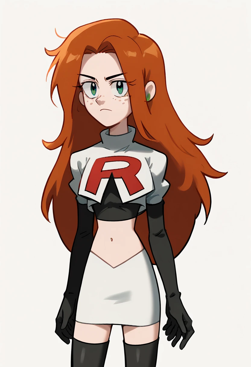 wendy, long hair, 1girl, orange hair, solo, green shirt, freckles, earrings, looking at viewer, team rocket,team rocket uniform,white skirt,red letter R,crop top,black thigh-highs,black elbow gloves, cowboy shot,, score_9, score_8_up, score_7_up, score_6_up, score_5_up, score_4_up