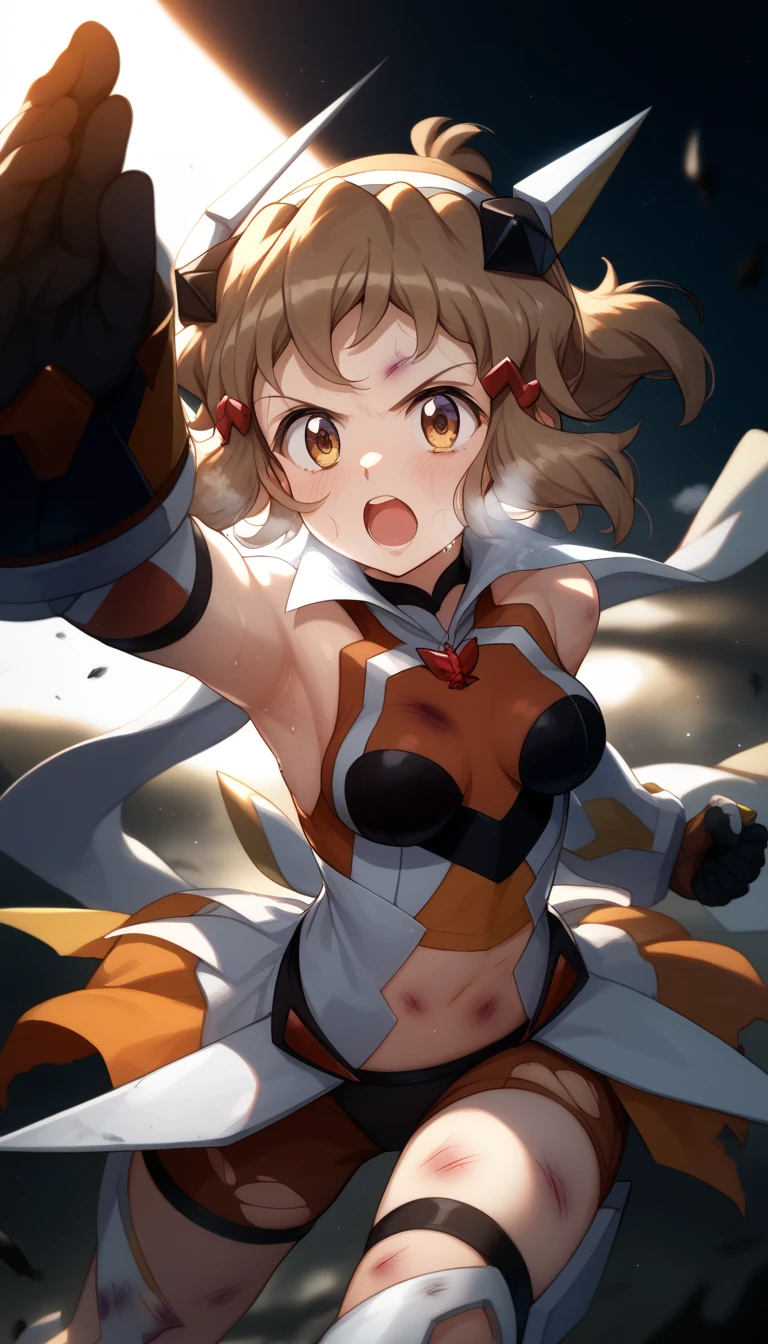  top quality ,  soft light during the cruise,  super high res,  cute, Beautiful face in every detail , high resolution details of human skin texture, shiny skin,sweat,Heat, white breath ,Take a deep breath,Hibiki Tachibana,Brown Hair,, battle costume,Outdoor Arena,sunlight, serious eyes,Ready,Big eyes, Symphogear ,armed gear , open mouth ,Fighting pose,bruised body, has a weapon , hair ornament, torn clothes ,Short Hair,whole body