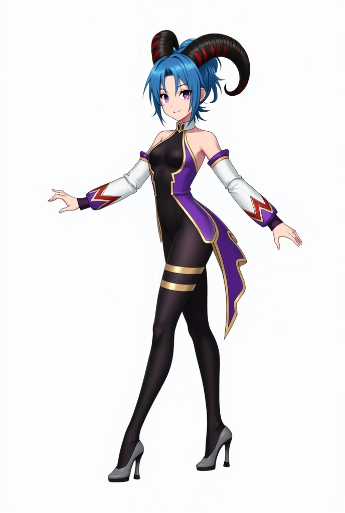 Name: Ganyu
Gender: female
Age: 3,201
Height: 5'6
Description: She has fair skin and cerulean blue hair that naturally bunches in the middle and fades into a darker shade at the ends. She has black-red horns that bend back along her hair, similar to how a goat's horns look, with brighter red markings on them. Her eyes start at purple at the top and fade to pinkish gold at the bottom. Ganyu's outfit consists of a black halternecked leotard and black tights with gold accents on the legs, under a white and purple bodice with gold trim and long ends similar to a tailcoat, with a separated pair of sleeves to match and a pair of gray high heels with black soles. Can manipulate ice